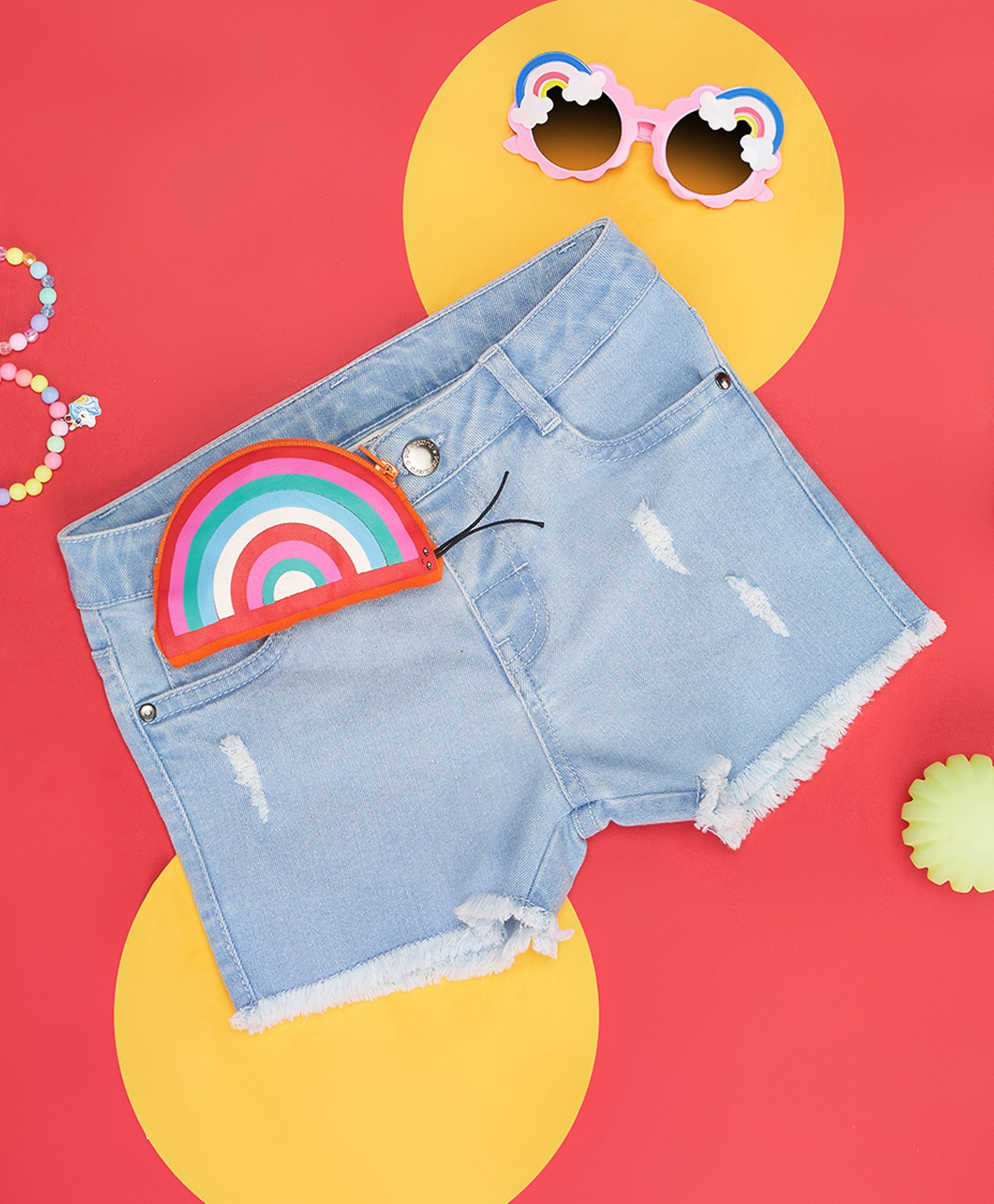Pantaloons Junior Mild Distressed Shorts With Butterfly Designed Coin Pouch - Medium Blue-picture-15