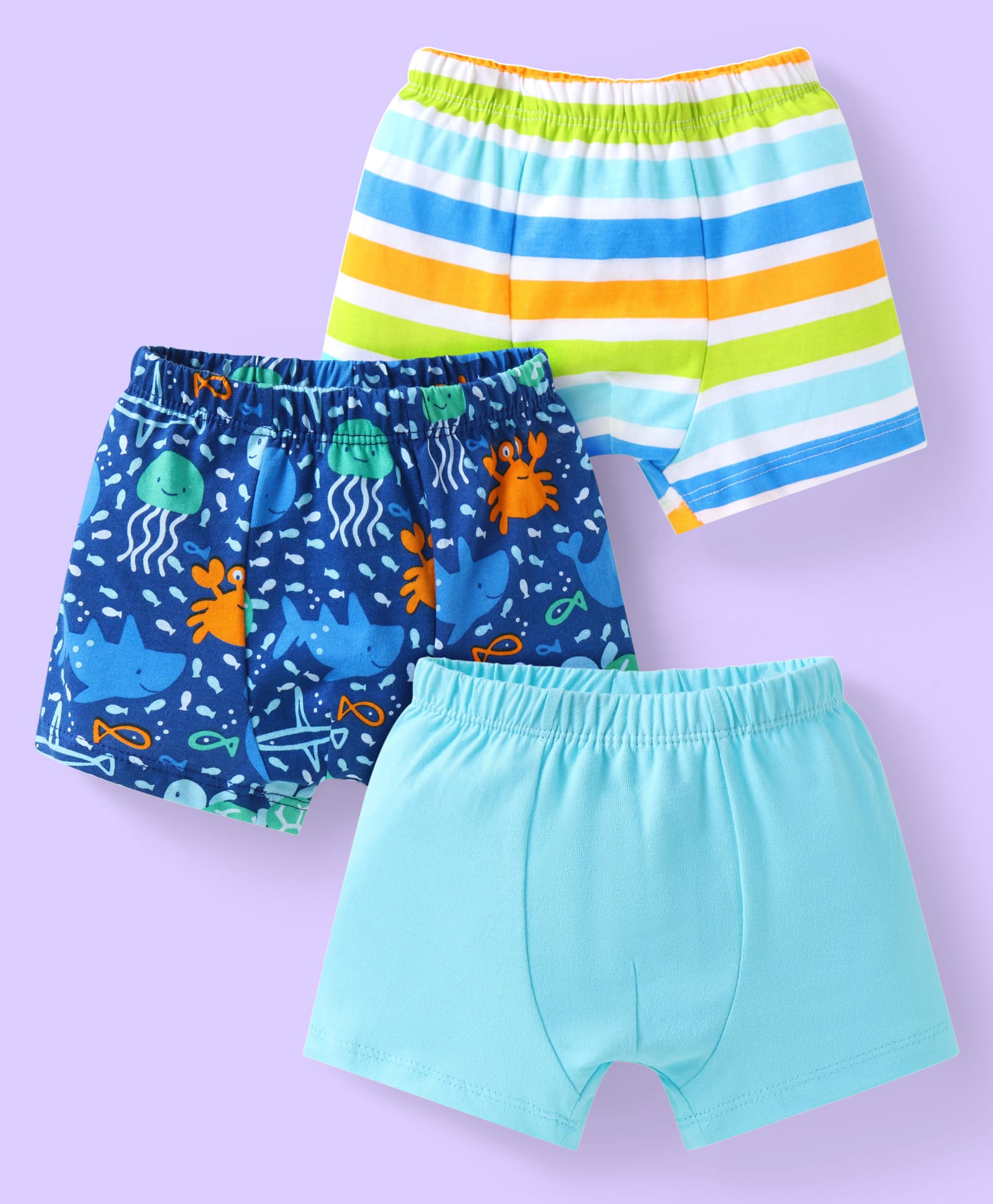 Babyhug Interlock Knit Trunks With Stripes & Sea Life Print Pack Of 3 - Blue & Aqua Blue-picture-23