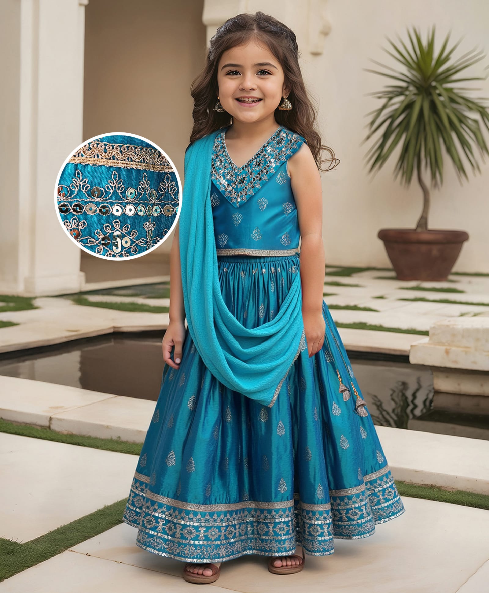 Babyhug Woven Sleeveless Sequecned EmbroideredCholi Lehenga Set with Dupatta & Tassel Detailing - Teal Blue-image-43