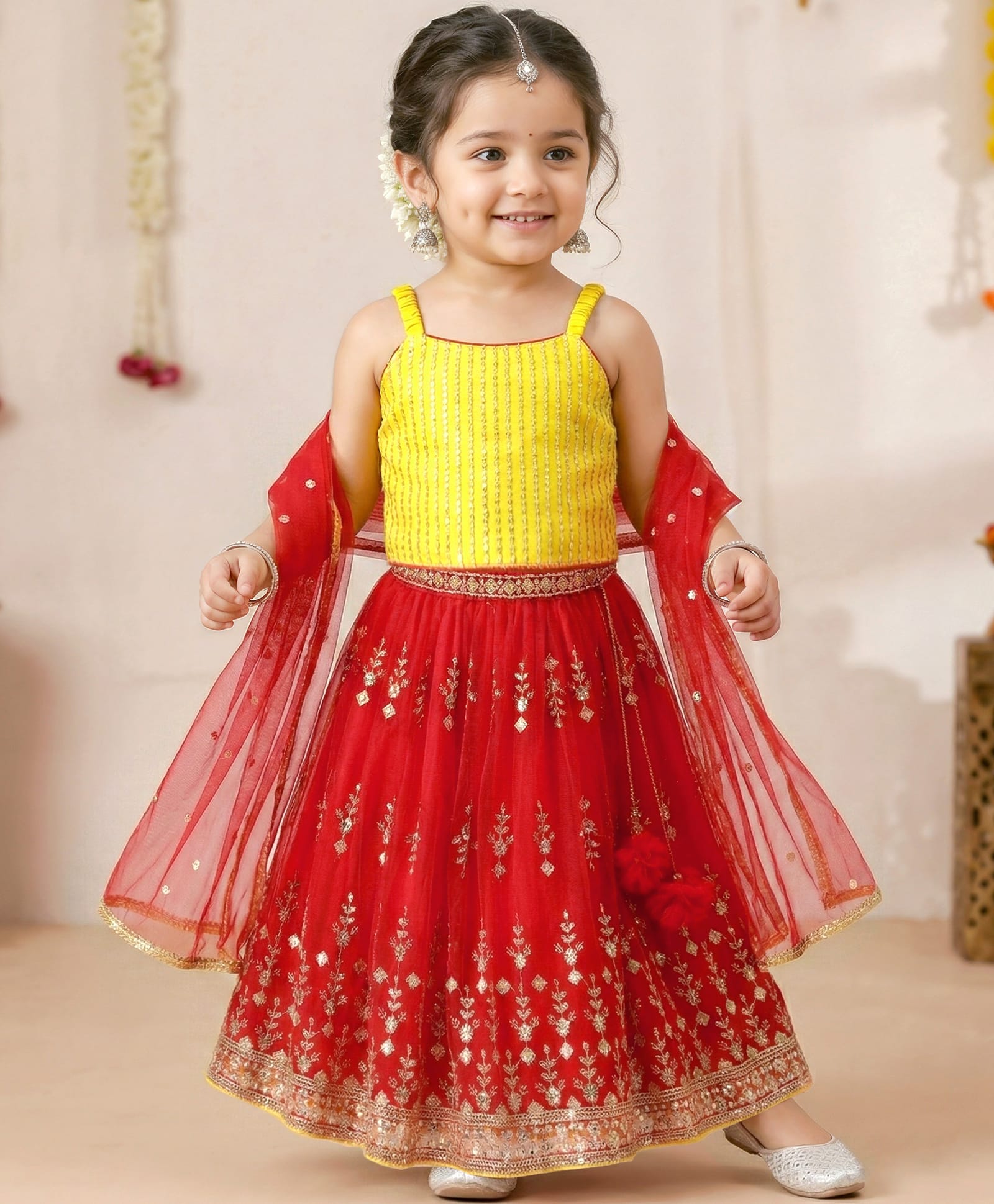 Babyhug Woven Sleeveless Net Sequinned Choli Lehenga Set with Dupatta - Red & Yellow-picture-11