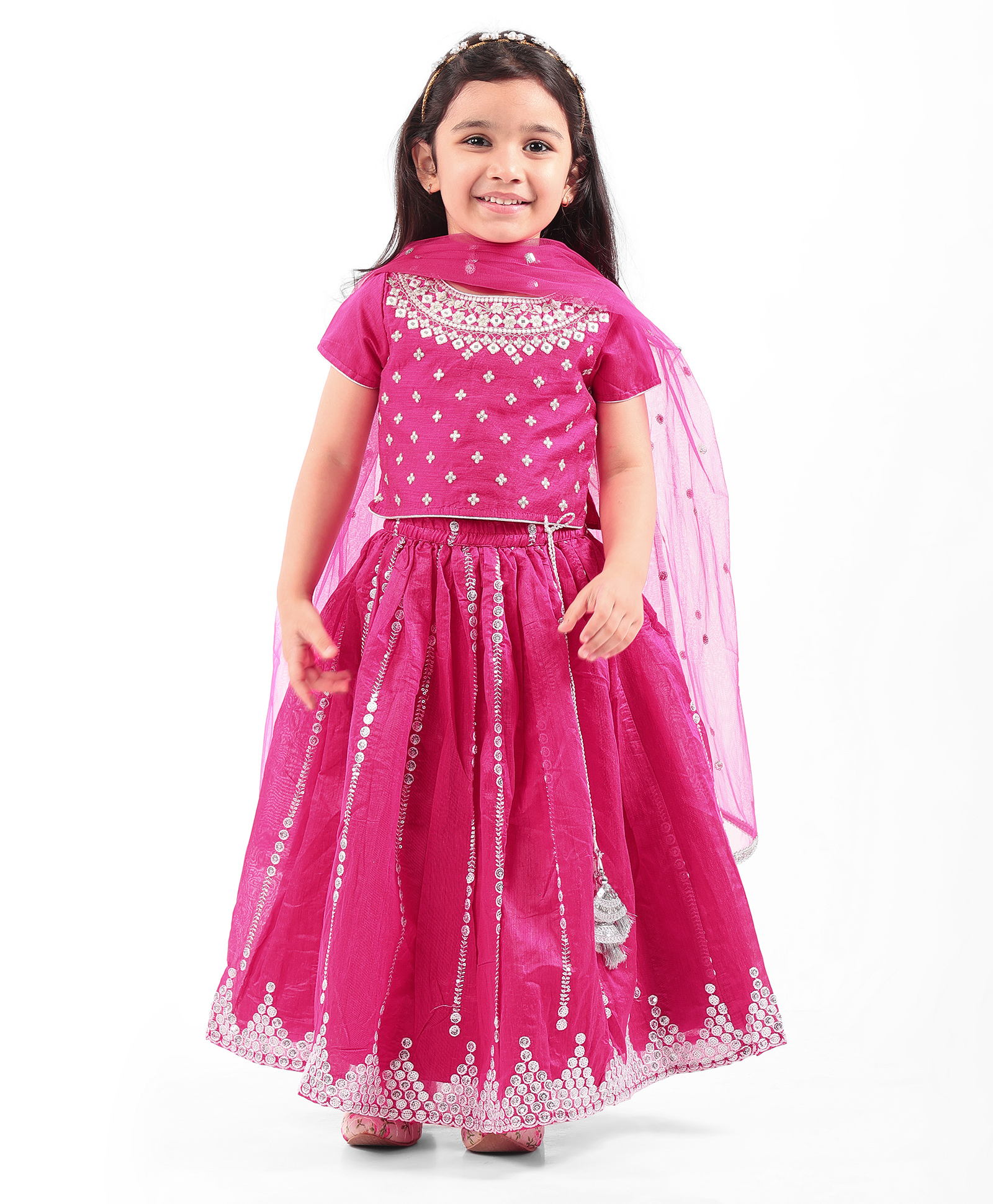 Babyhug Woven Short Sleeves Organza Sequecned Embroidered Choli Lehenga Set With Dupatta & Lace Detailing - Dark Pink-image-32