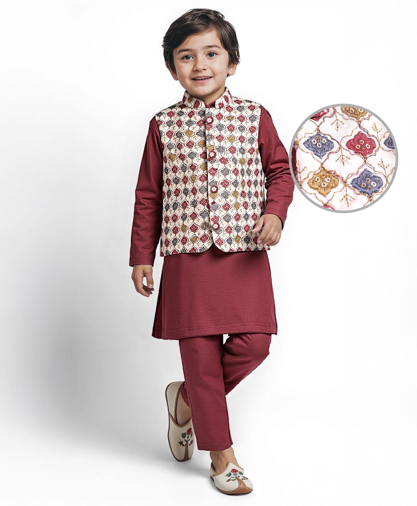 Babyhug Woven Full Sleeves Kurta Pyjama Set with Embroiderd Jacket - Maroon-image-16