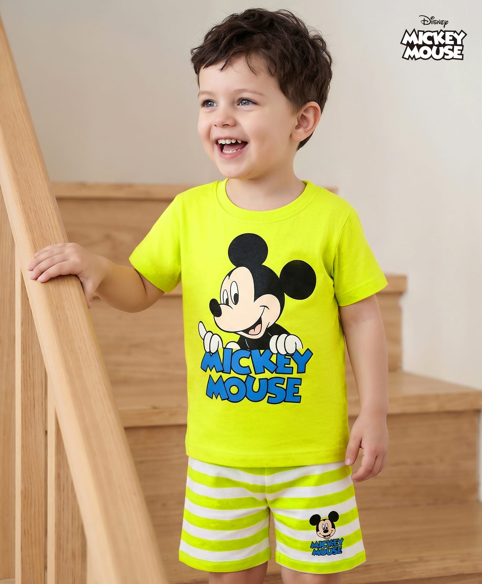 Babyhug Disney Single Jersey Knit Half Sleeves Shorts Night Suit With Mickey Mouse Graphic - White & Limegreen-image-17