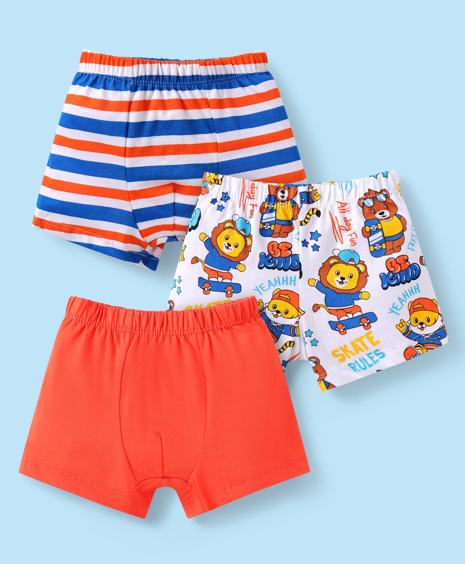 Babyhug 100% Cotton Knit Trunks with Stripes & Lion Print Pack of 3 -White & Red-image-23