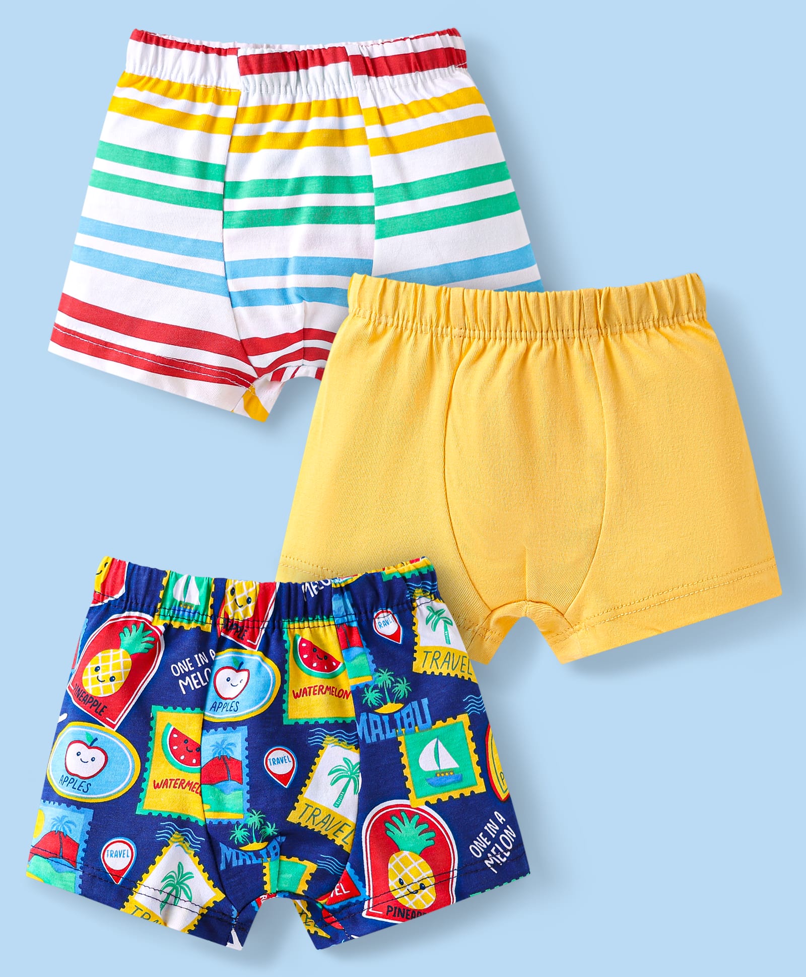 Babyhug 100% Cotton Knit Antibacterial Trunks With Stripes & Beach Theme Print Pack Of 3 - Navy Blue & Yellow-image-43