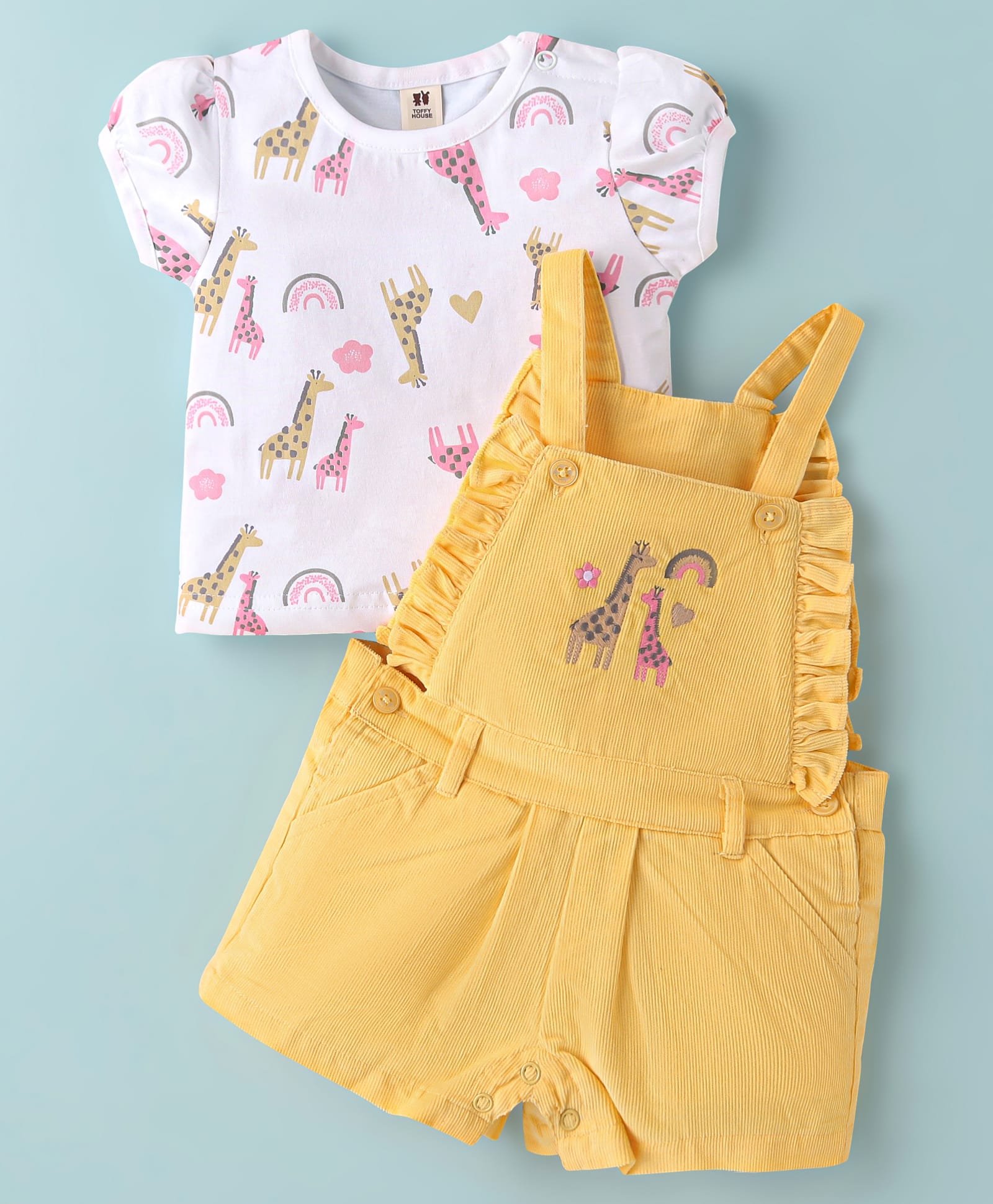ToffyHouse Cotton Knit Dungaree & Half Sleeves T-Shirt With Giraffe Print & Embroidery - Yellow-picture-13