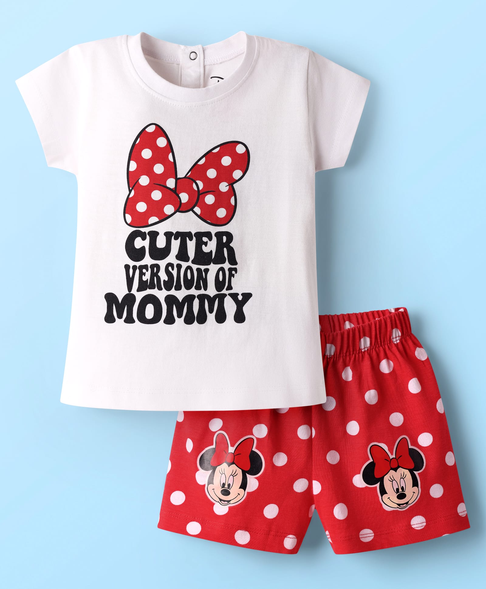Babyhug DisneySingle Jersey Knit Half Sleeves Shorts Night Suit with Minnie Mouse Graphics - Red & White-image-26