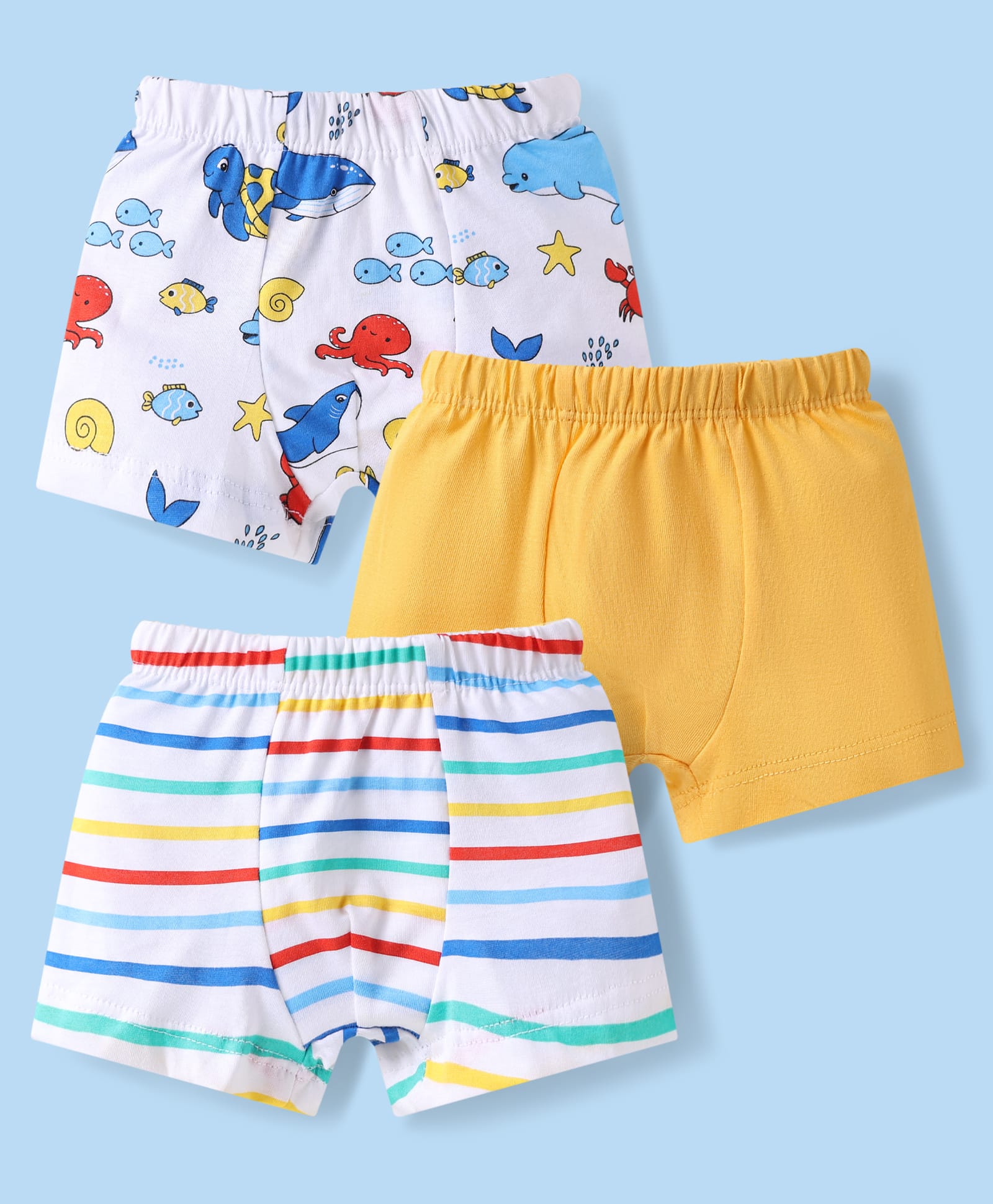 Babyhug 100% Cotton Knit Antibacterial Trunks With Stripes & Sea Life Print Pack Of 3 - White & Yellow-image-15