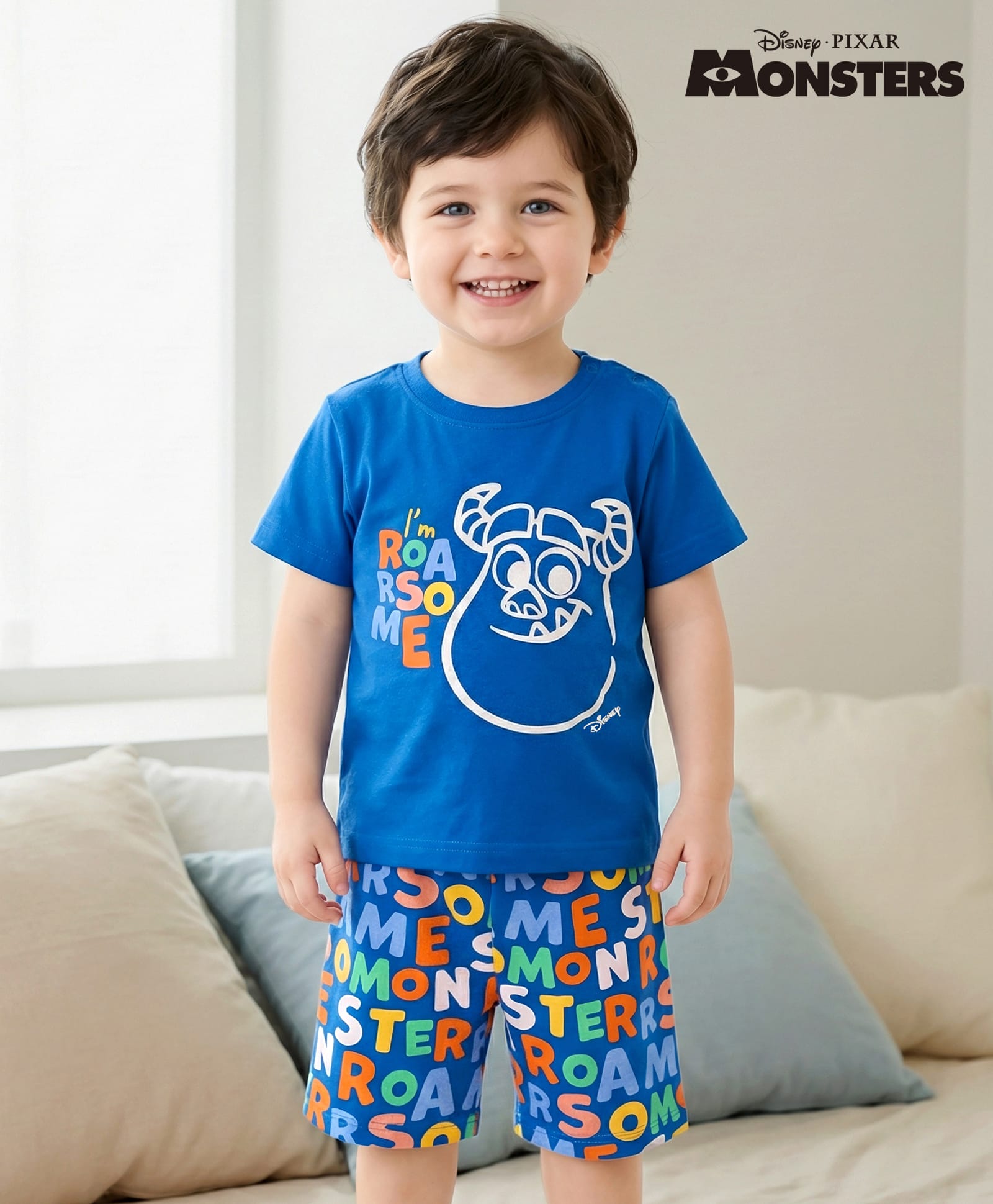 Babyhug Disney Single Jersey Knit Half Sleeves Shorts Night Suit With Monster Graphic - Blue-image-29