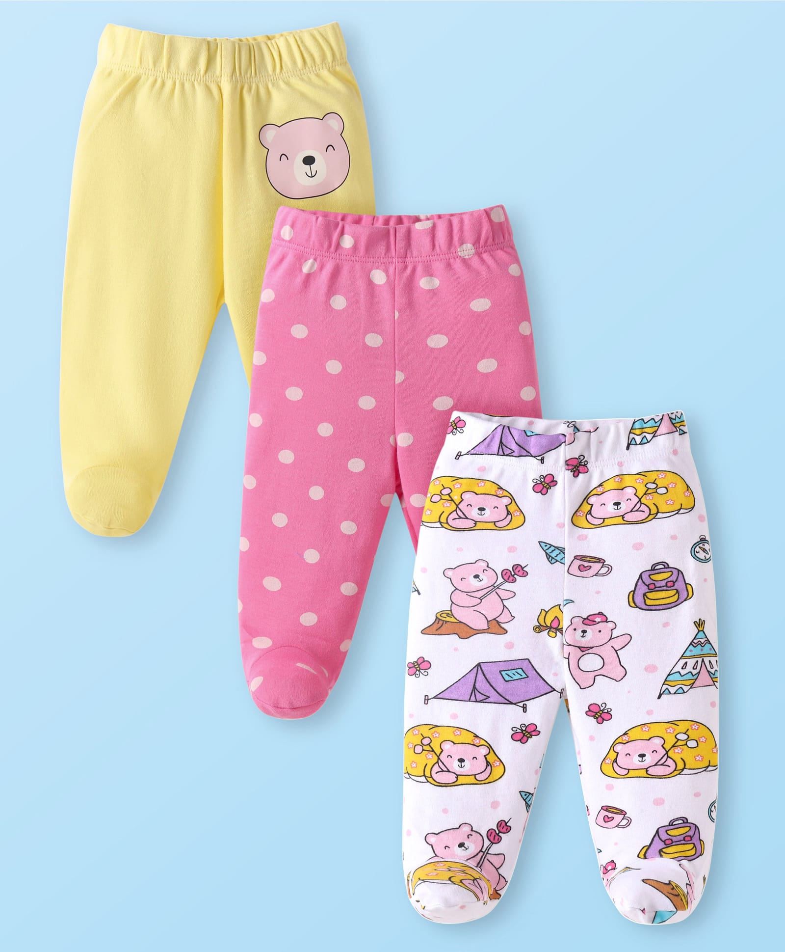 Babyhug Interlock Knit Bootie Leggings with Polka Dots & Bear Print Pack of 3 - Yellow White & Pink-image-33