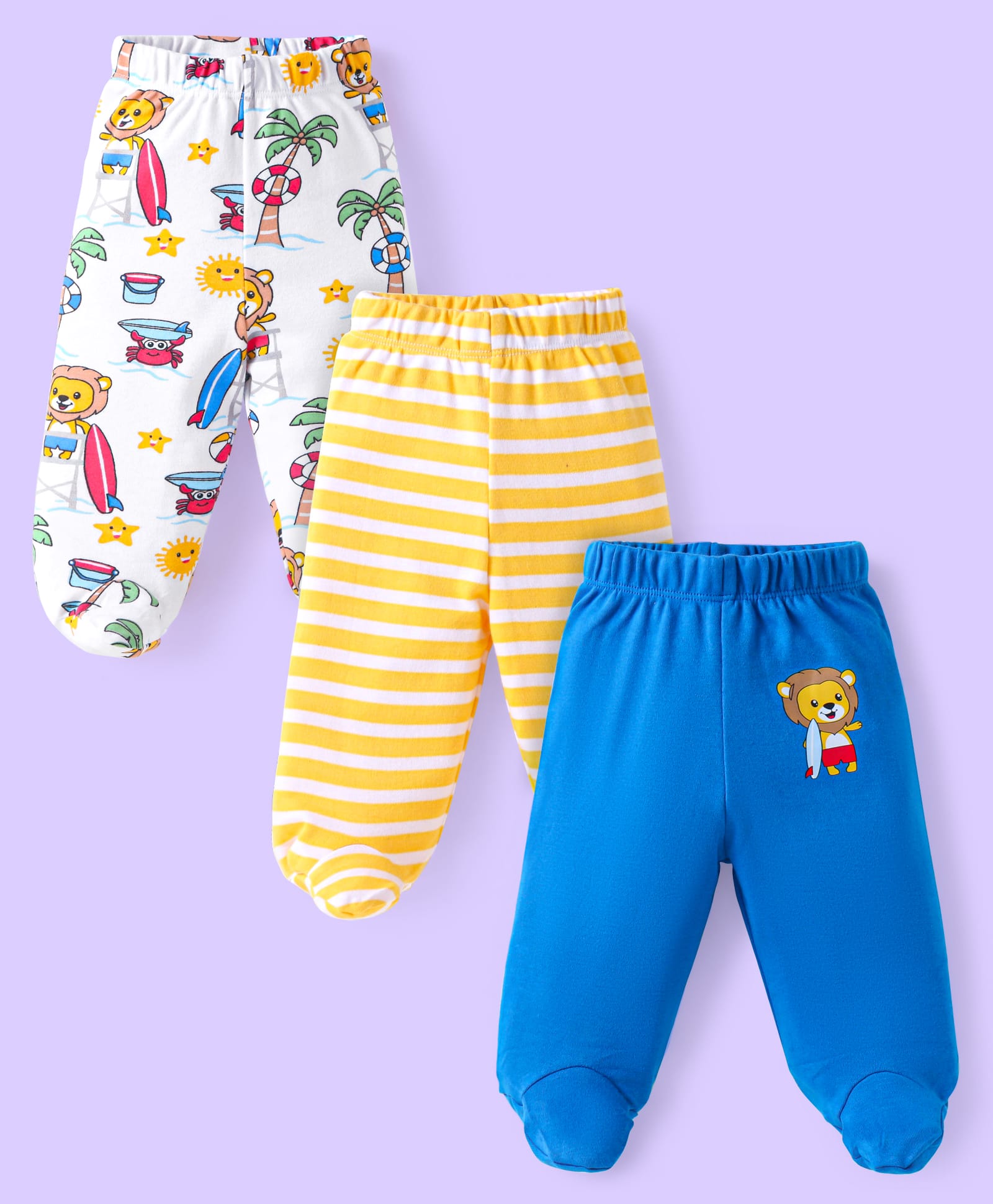 Babyhug Interlock Knit Bootie Leggings With Animal & Beach Theme Print Pack of 3 - Blue Yellow & White-image-30