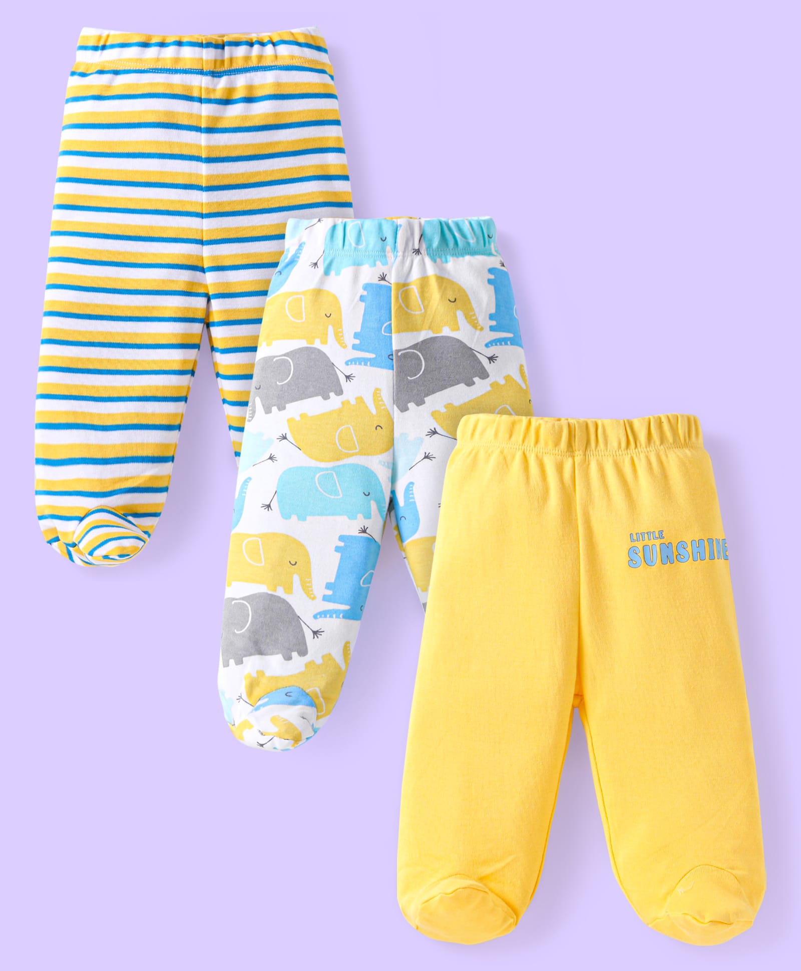 Babyhug Interlock Knit Bootie Leggings With Stripes & Elephant Print Pack of 3 - Yellow White & Blue-image-39