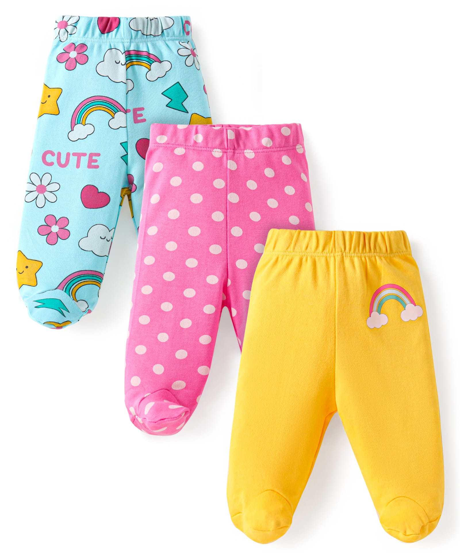 Babyhug Interlock Knit Bootie Leggings With Polka Dot & Unicorn Print Pack of 3 - Yellow Dark Pink & Light Blue-image-36