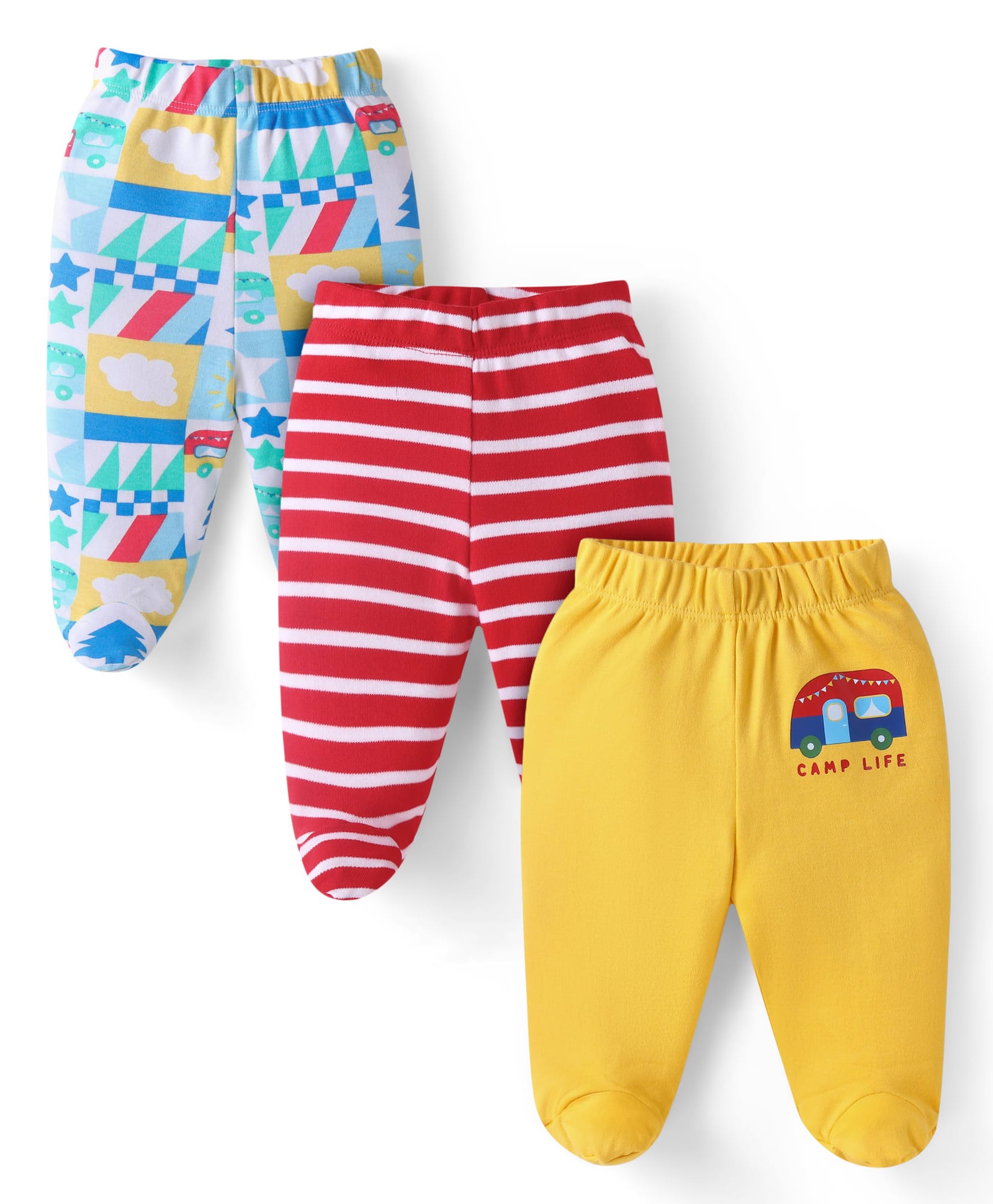 Babyhug Interlock Knit Bootie Leggings with Stripes & Bus Print Pack of 3 - Yellow Light Blue & Pink-image-29