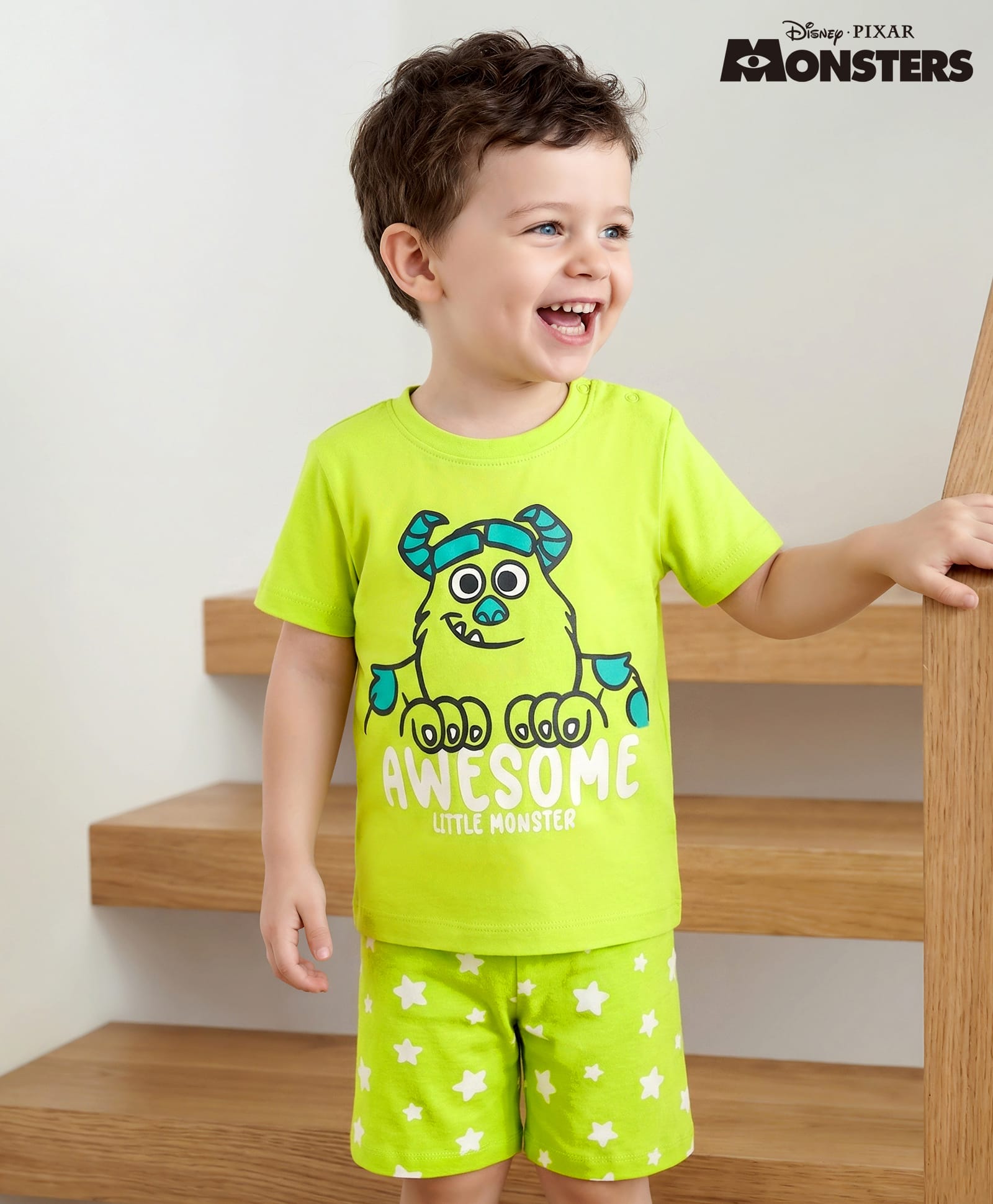 Babyhug Disney Single Jersey Knit Half Sleeves Shorts Night Suit With Monster Graphic - Limegreen-image-30