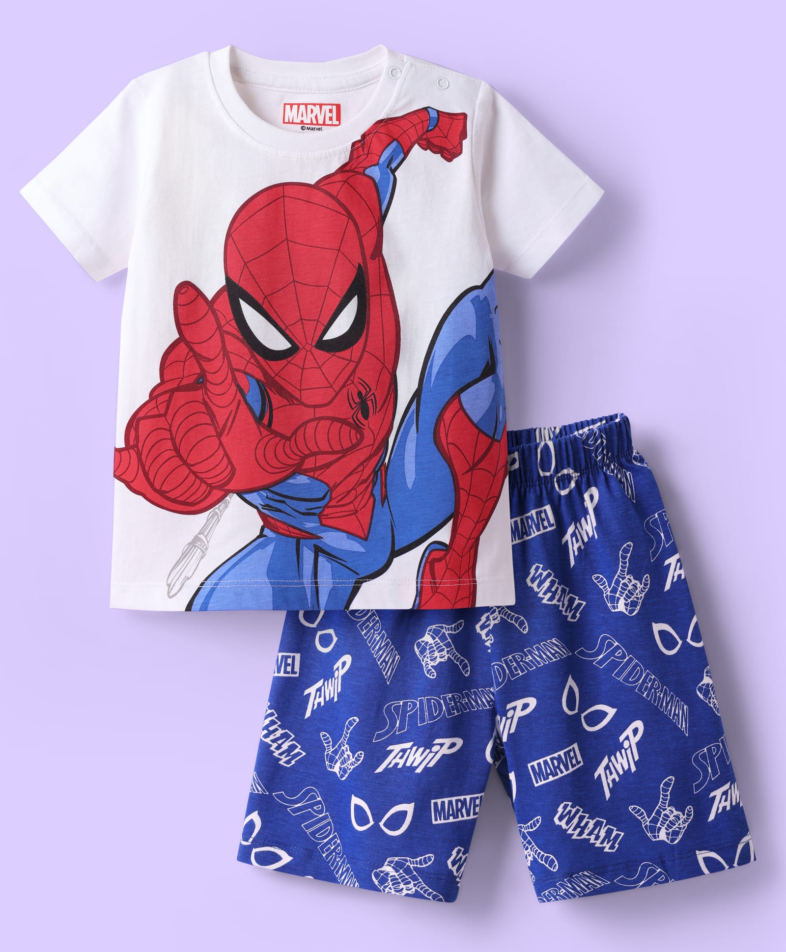 Babyhug Marvel Single Jersey Knit Half Sleeves Shorts Night Suit With Spider-Man Graphic - White & Blue-image-28