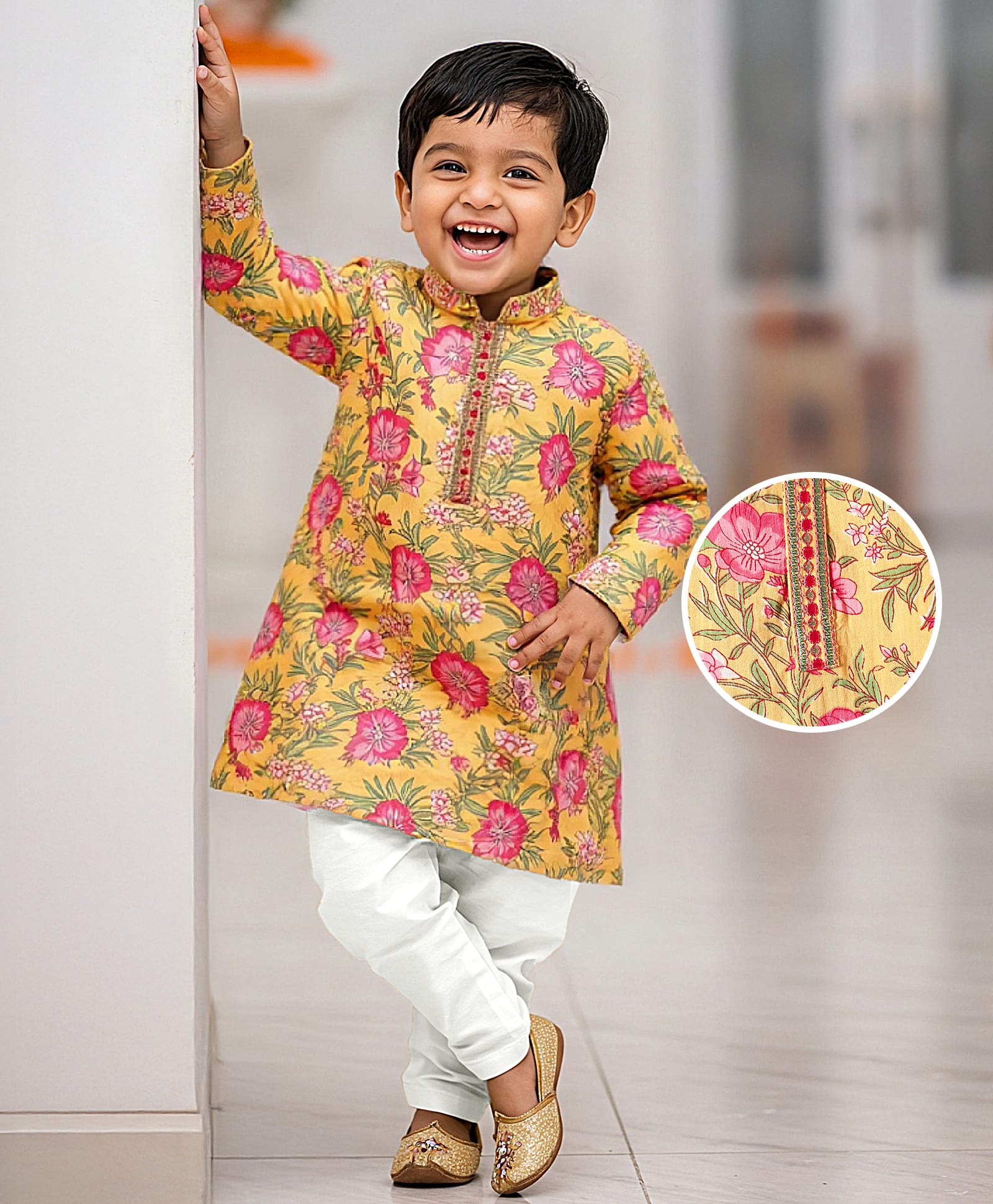 Babyhug Cotton Woven Full Sleeves Kurta Pyjama Set with Cambric Floral Print - Yellow-image-35