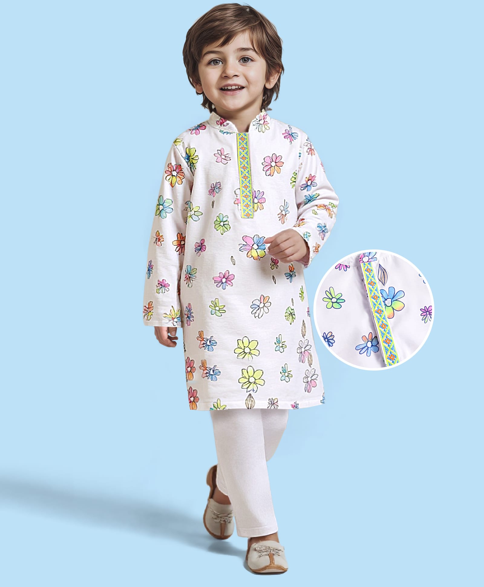 Babyhug Cotton Flex Woven Full Sleeves Kurta Pyjama Set with Digital Floral Print - White-picture-12