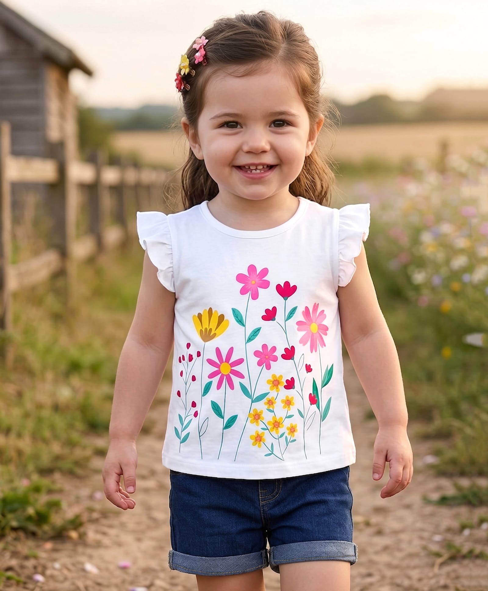 Babyhug Single Jersey Knit Frill Sleeves Floral Printed Top & Shorts Set - White & Navy Blue-image-21