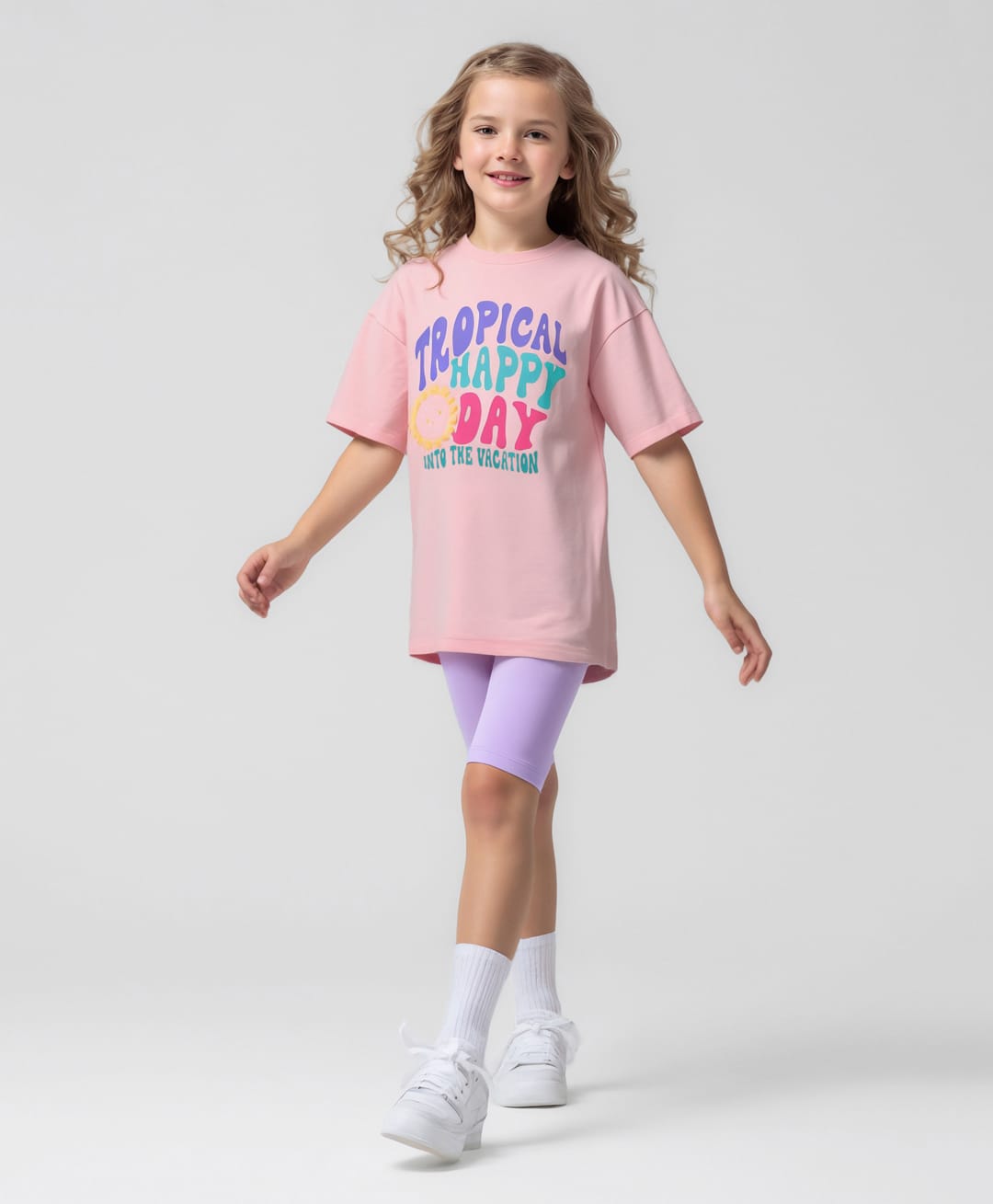 Primo Gino Cotton Knit Oversized Drop Shoulder T-Shirt & Cycling Shorts Set With Tropical Text Printed - Pink-picture-22
