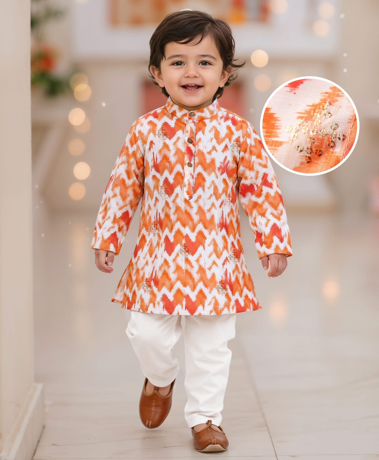 Babyhug Woven Full Sleeves Printed Kurta & Pajama Set WithSequin Embroidery - Orange & White-image-20