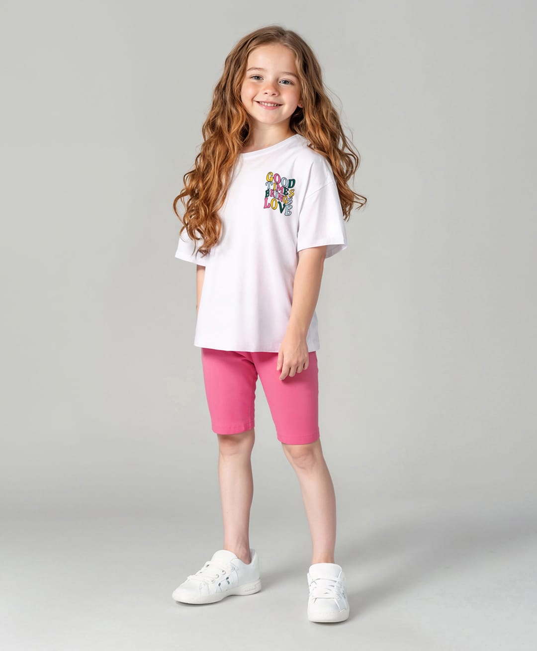 Primo Gino Cotton Knit Oversized Drop Shoulder T-Shirt & Cycling Shorts Set With Good Times Text Printed- White-image-48