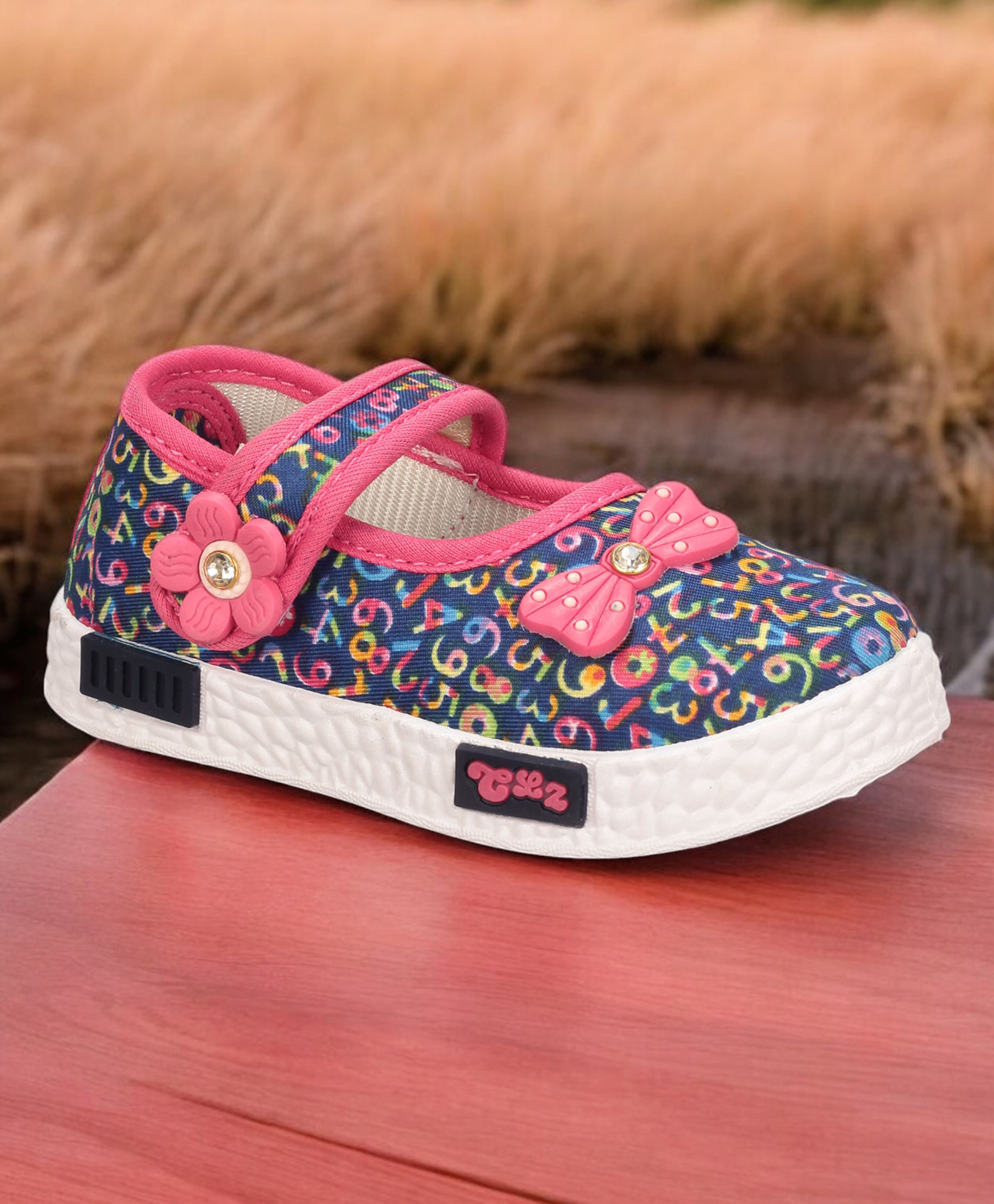 Lil Lollipop Bow Applique Detailed & Numericals Printed With Velcro Closure Mary Jane Bellerinas - Navy Blue-image-42