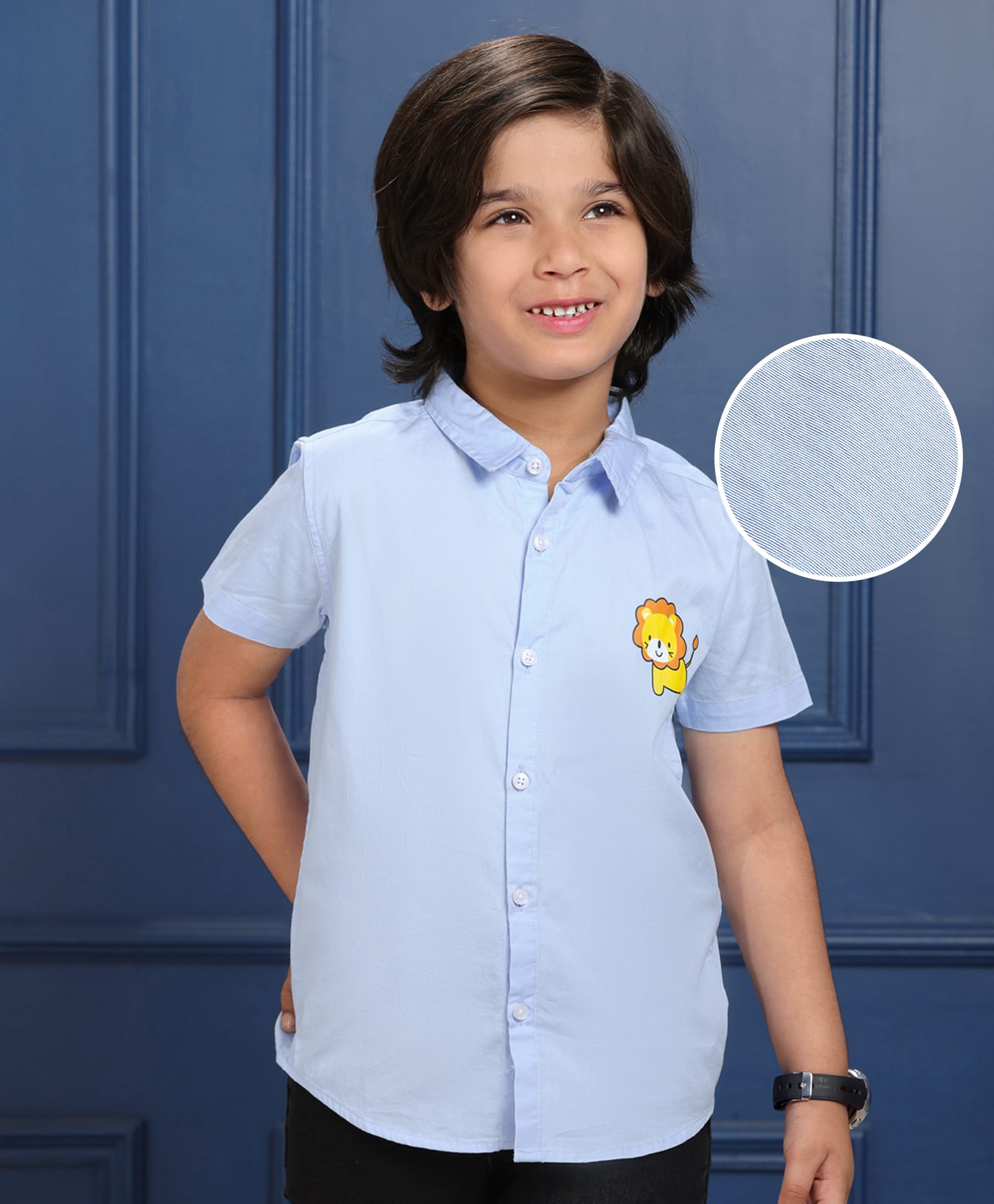 Mark & Mia Cotton Woven Half Sleeves Lion Printed Shirt - Light Blue-image-25