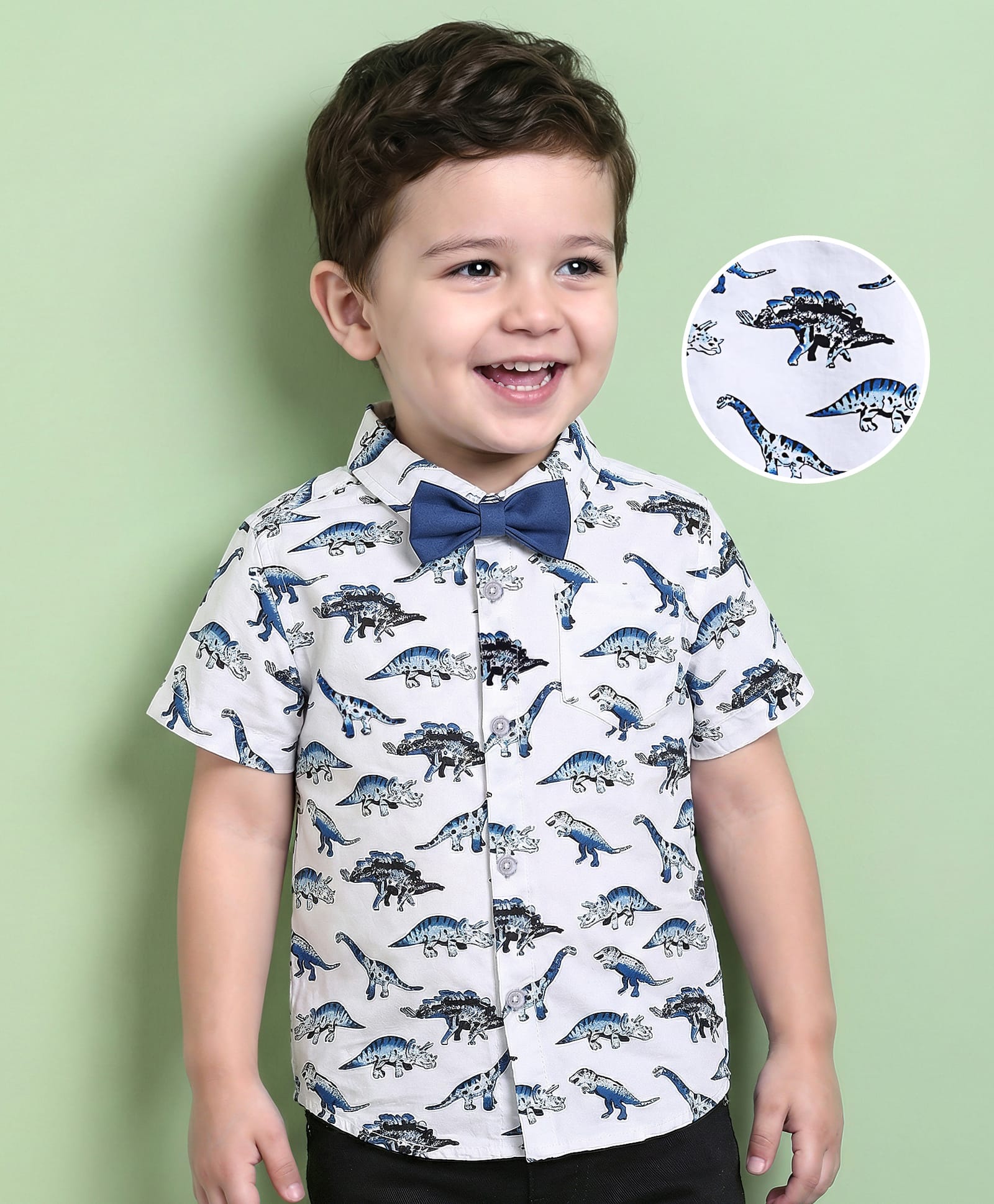 Mark & Mia Cotton Woven Half Sleeves Dino Printed Shirt with Bow Detailing - White-picture-26
