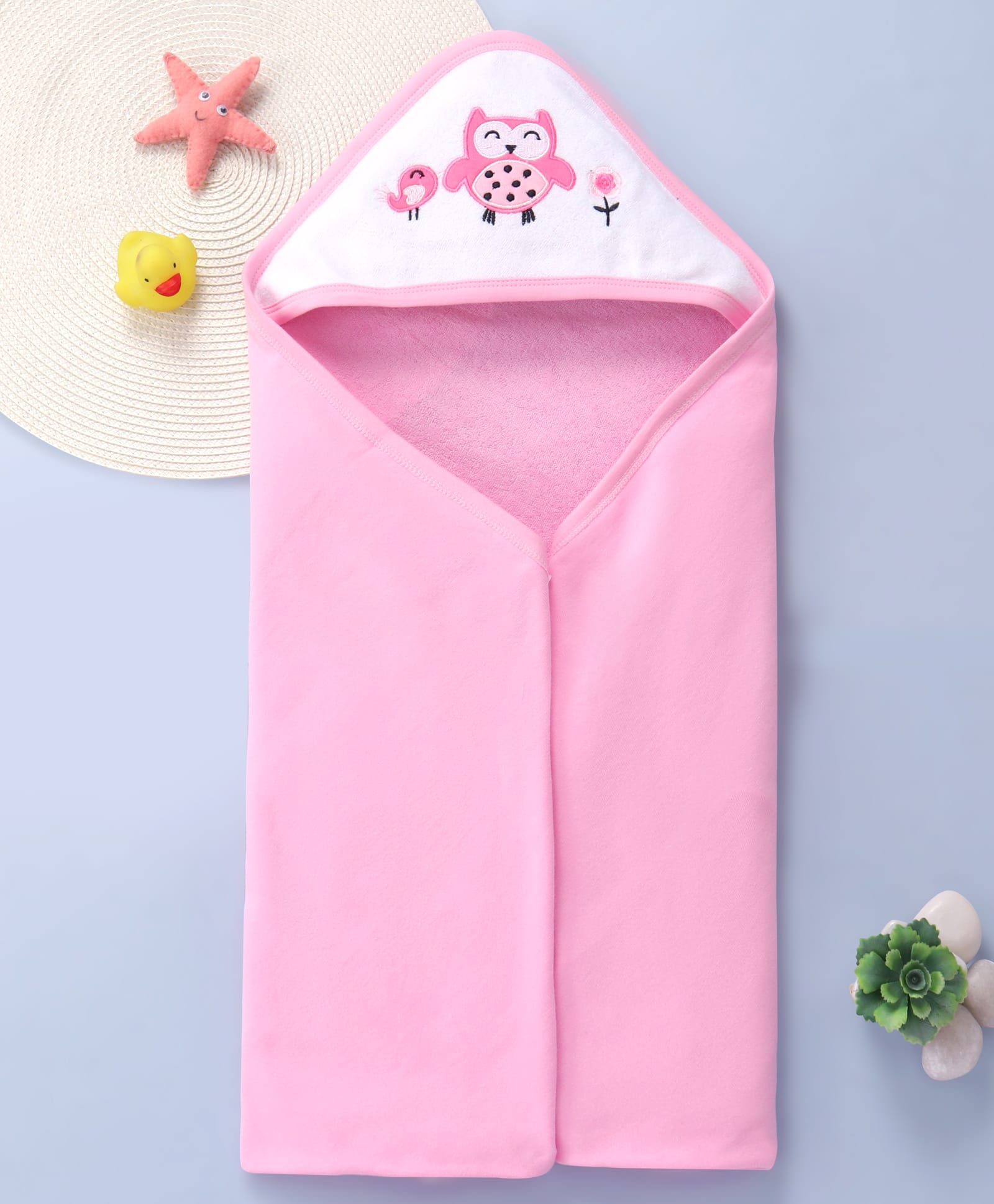 Babyhug Cotton Knit Hooded Towel With Owl Embroidery Patch L 30 x B 30 cm -Pink-image-19