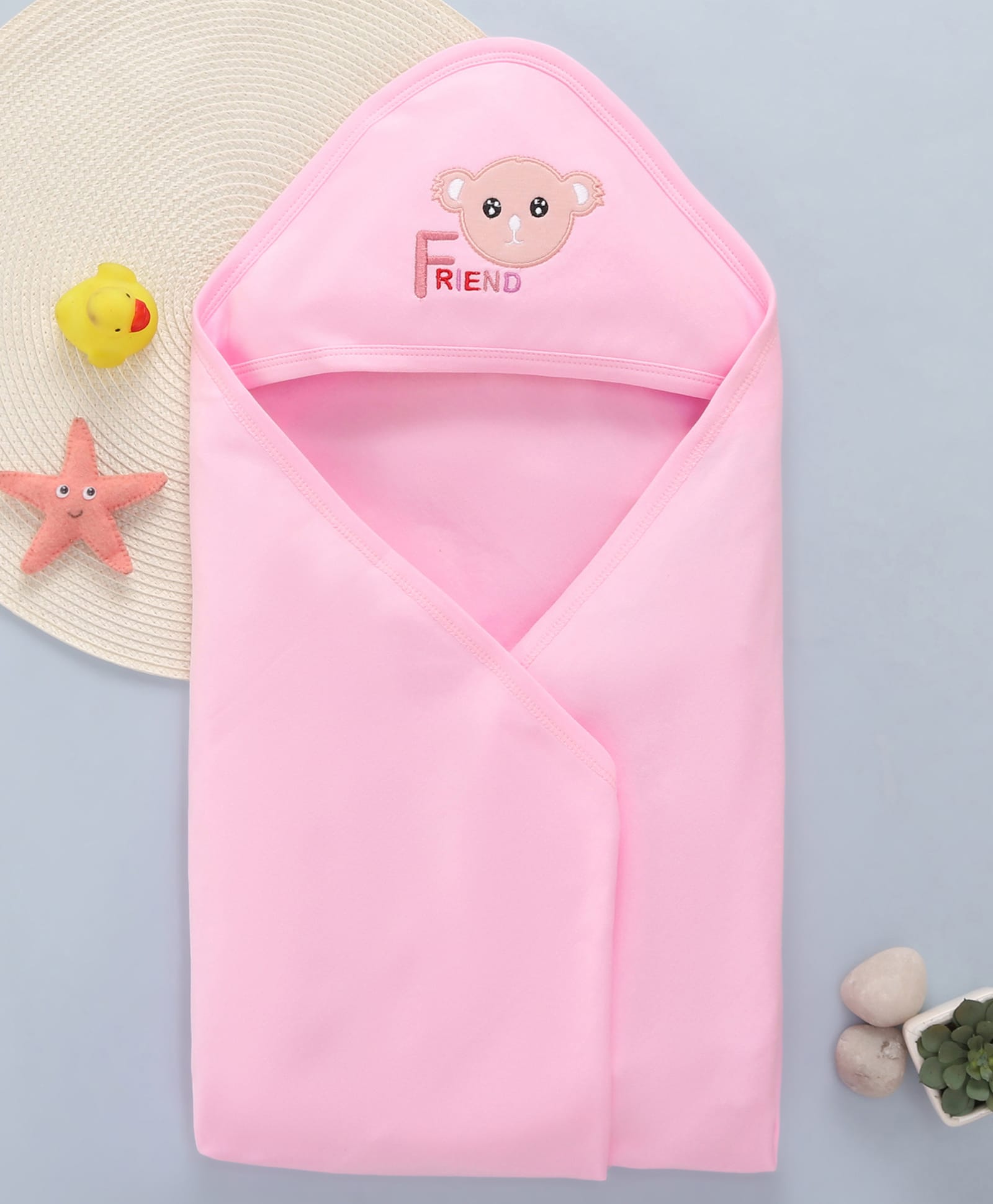 Babyhug Cotton Interlock Knit Hooded Towel with Bear Print L 76.2 x B 76.2 cm - Pink-image-3