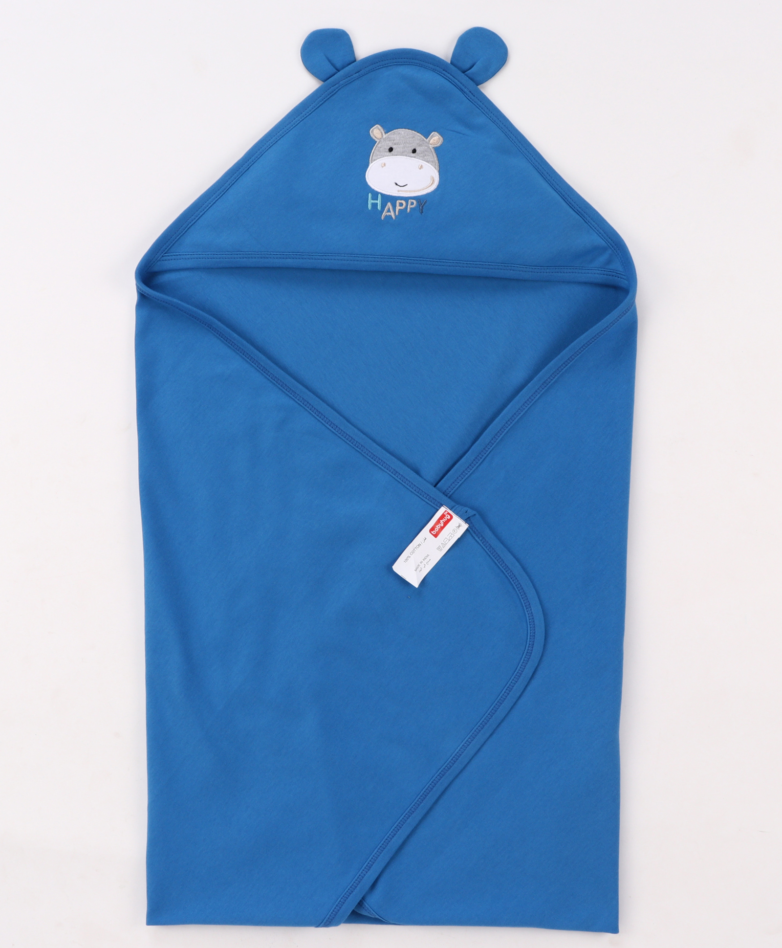 Babyhug Cotton Interlock Knit Hooded Towel with Hippo Print L 76.2 x B 76.2 cm - Light Blue-image-33