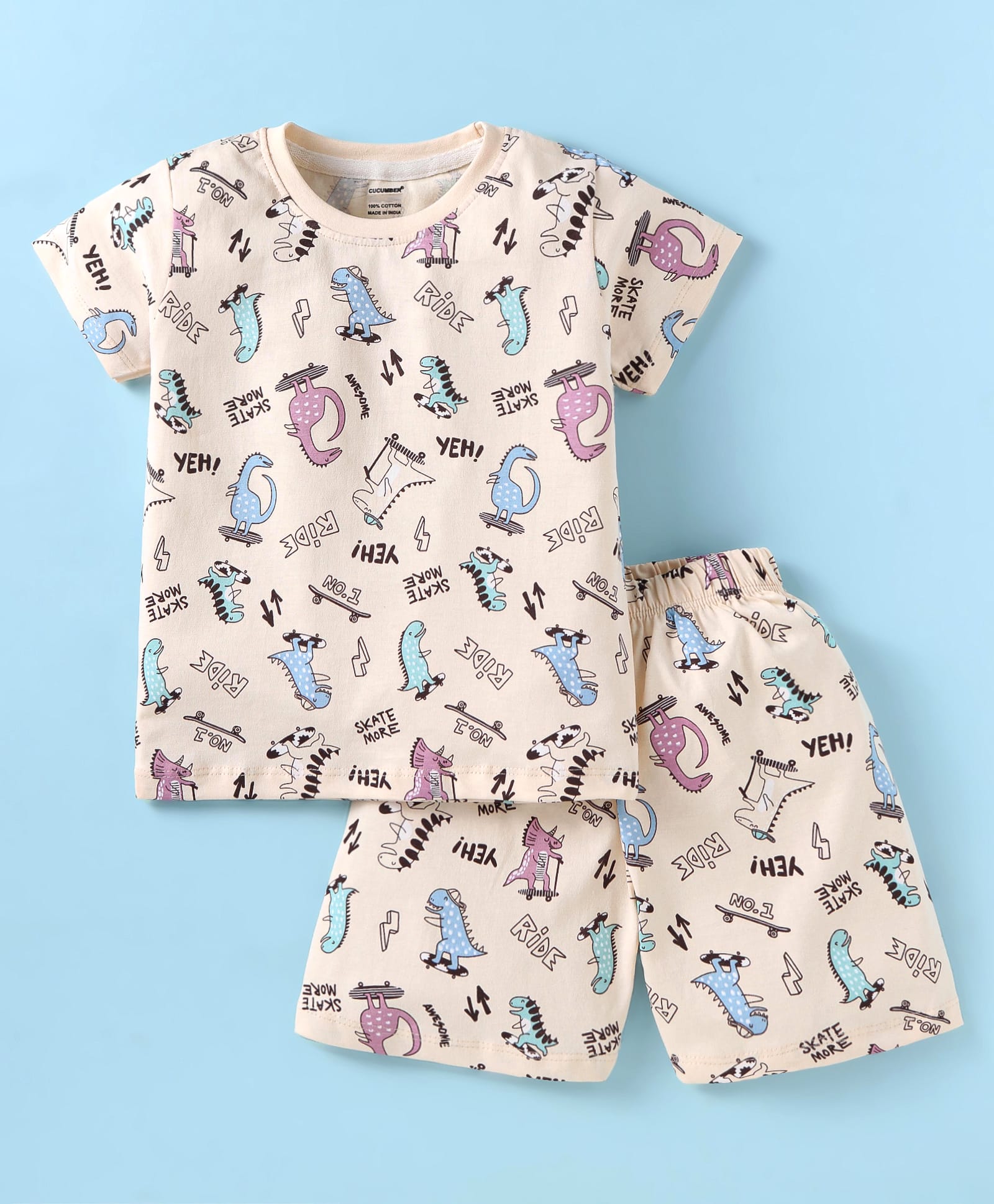 CUCUMBER Cotton Knit Half Sleeves Shorts Night Suit With Dino Print - Baby Pink-image-36