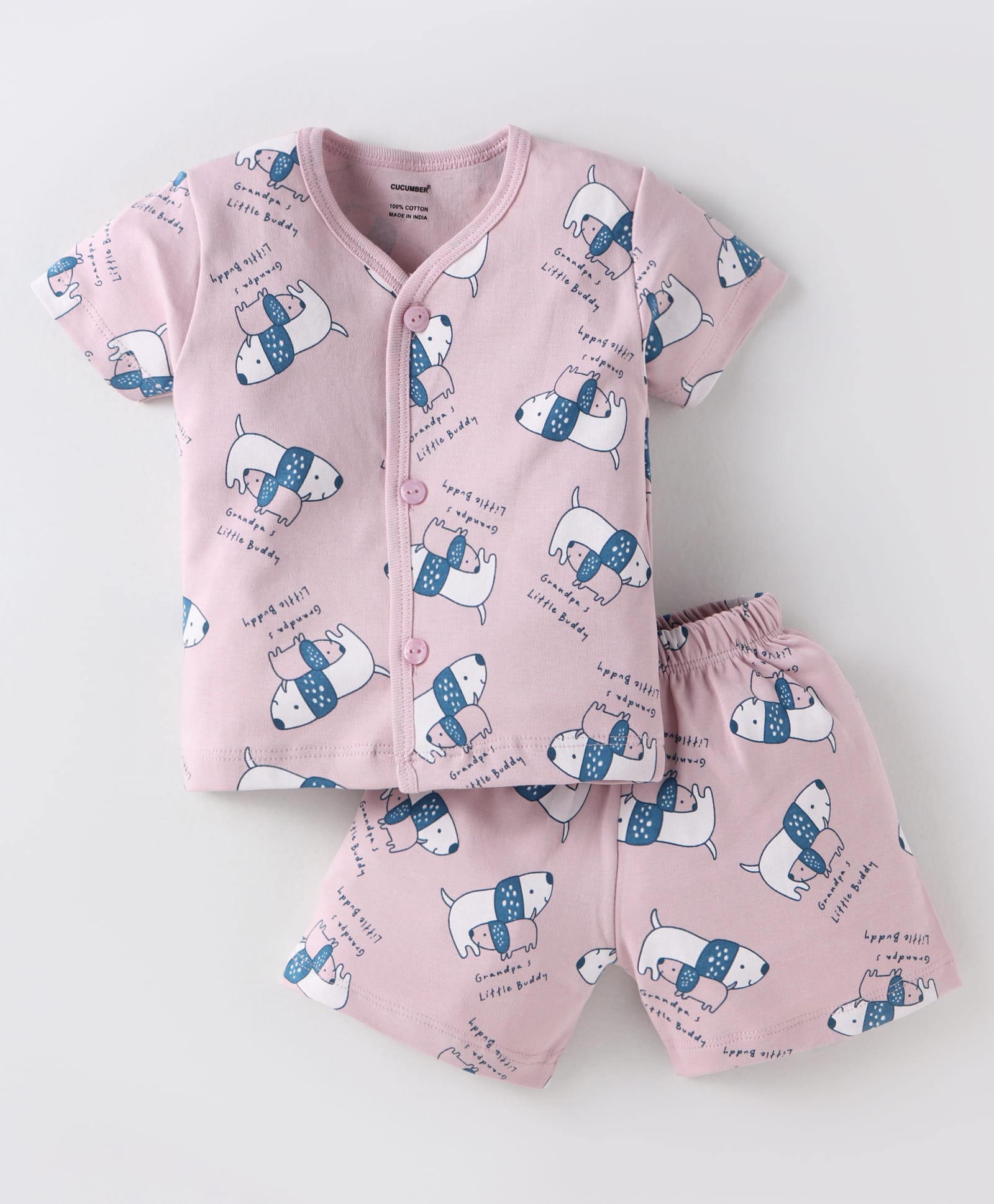 CUCUMBER Sinker Knit Half Sleeves Shorts Night Suit with Dog Print - Pink-picture-0