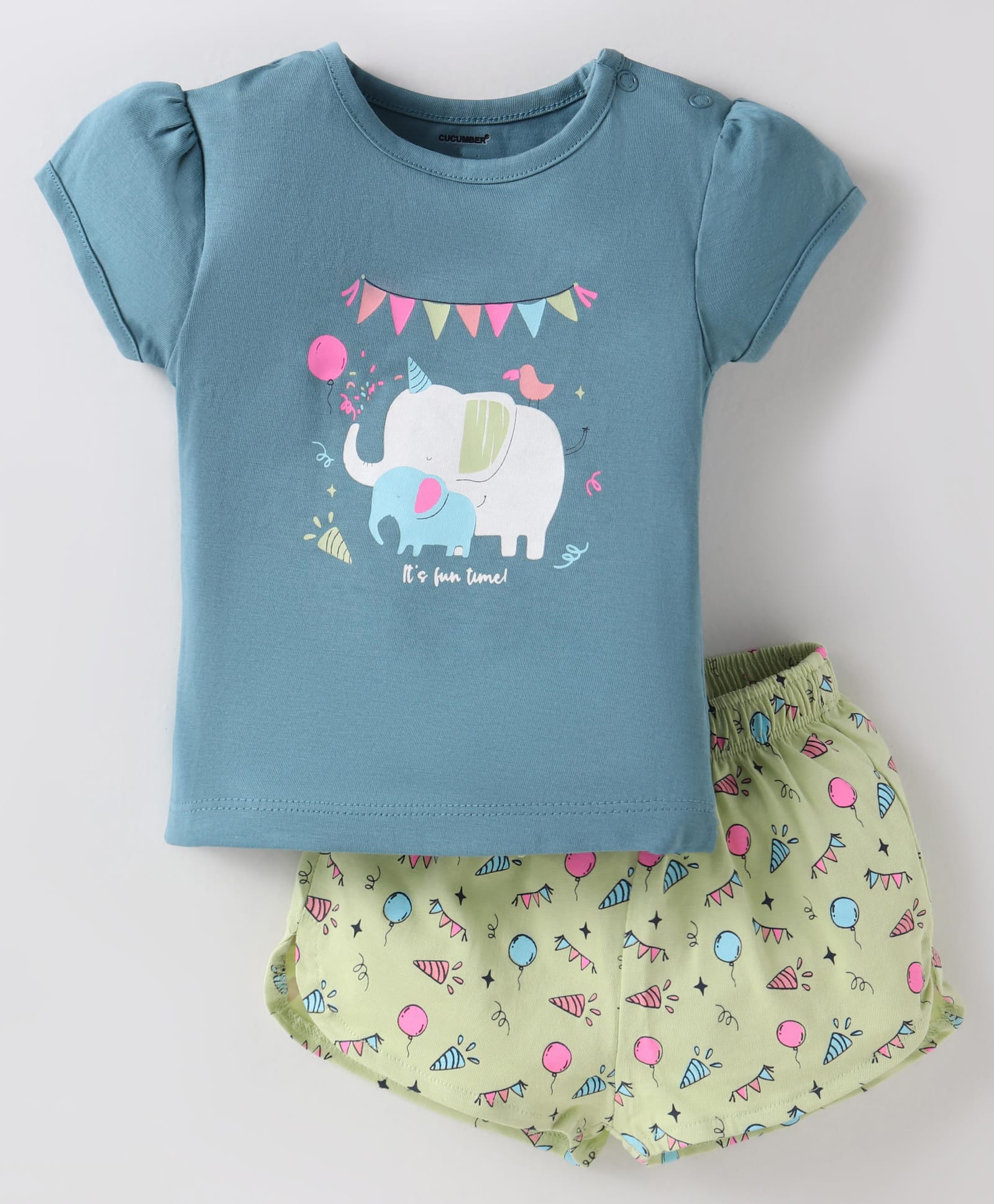 CUCUMBER Sinker Knit Half Sleeves Shorts Night Suit with Elephant Print - Blue-picture-1