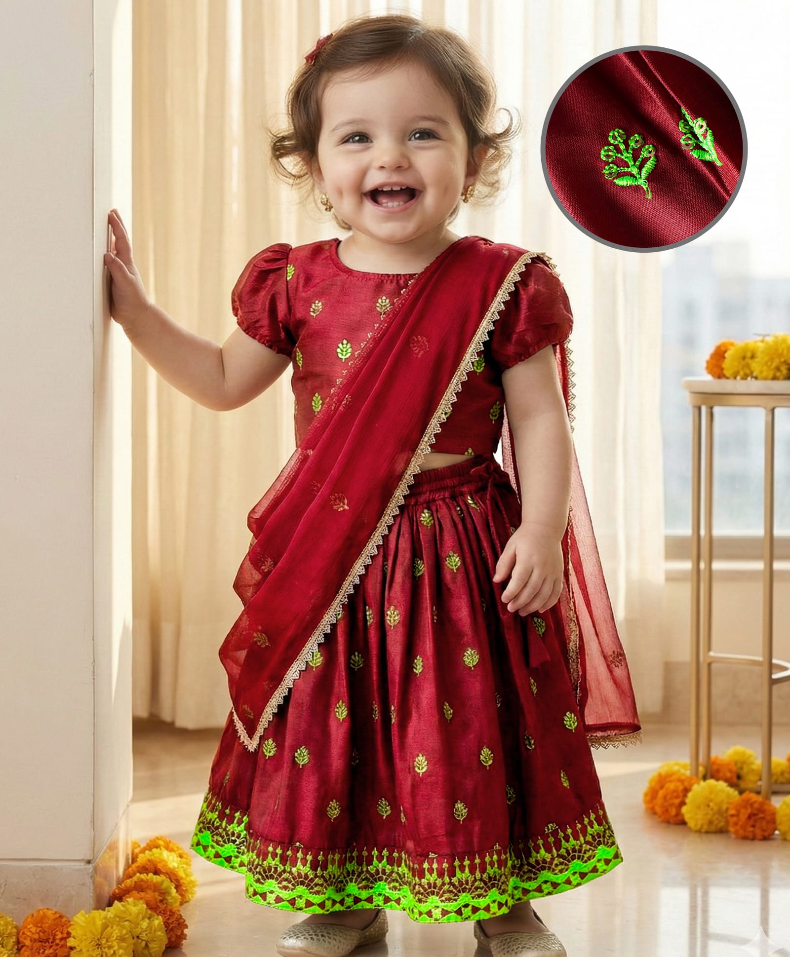 Babyoye 100% Woven Half Puffed Sleeves Floral Embroidered Choli Lehenga Set with Dupatta & Lace - Red-picture-16
