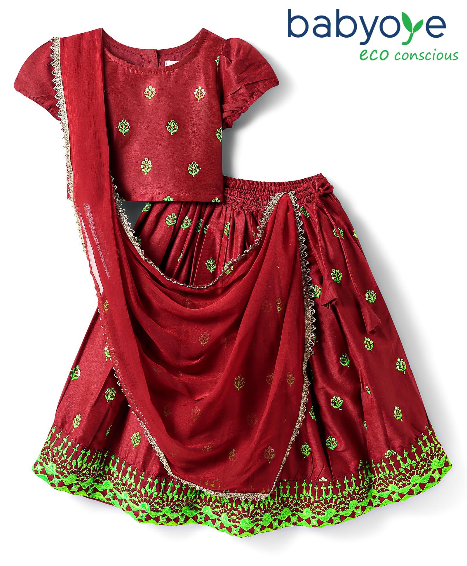 Babyoye 100% Woven Half Puffed Sleeves Floral Embroidered Choli Lehenga Set with Dupatta & Lace - Red-picture-14