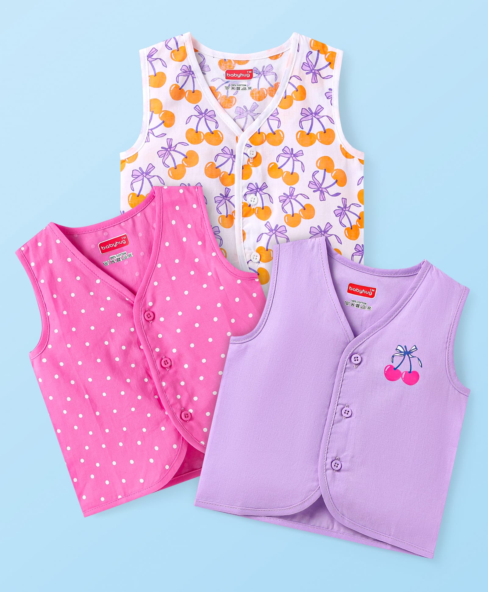 Babyhug Cotton Front Open Jhabla with Polka Dots & Fruits Pack of 3 - Plum-image-44