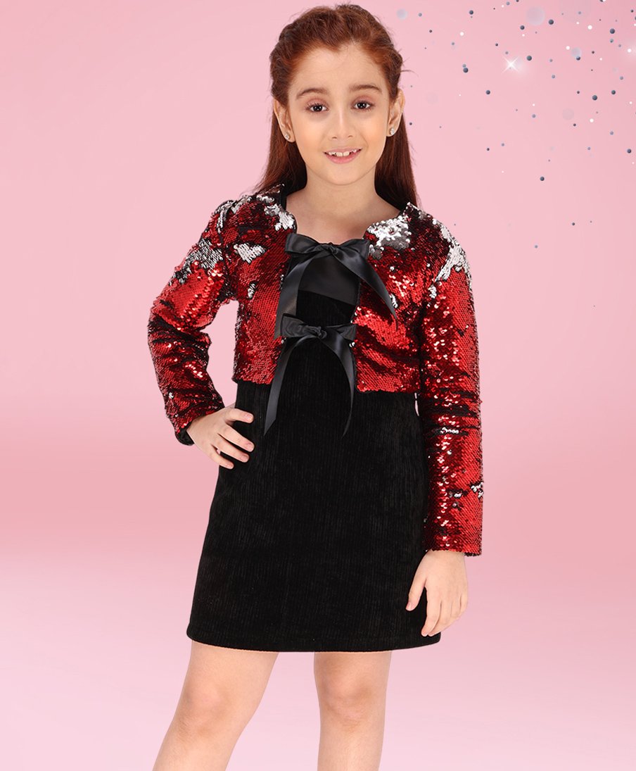 Cutecumber Solid Dress With Full Sleeves Sequins Embellished Shrug Set - Black & Red-image-10