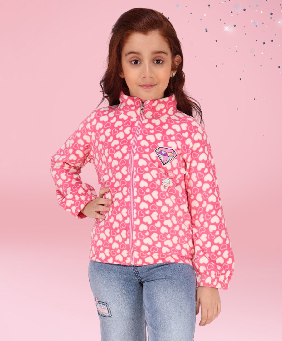 Cutecumber Fleece Full Sleeves Hearts Printed Diamond Patch Detailed Winter Top - Pink-picture-10