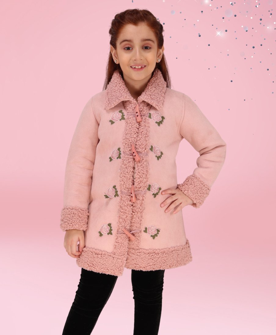 Cutecumber Full Sleeves Fur Detailed Floral Patch Embroidered Jacket - Dusty Pink-image-8