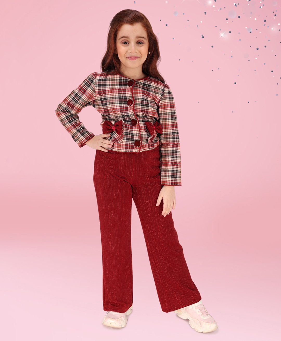 Cutecumber Woollen Full SleevesChecked Sequins Embellished Bow Applique Detailed Shirt Style Top & Pant Set - Maroon-image-38