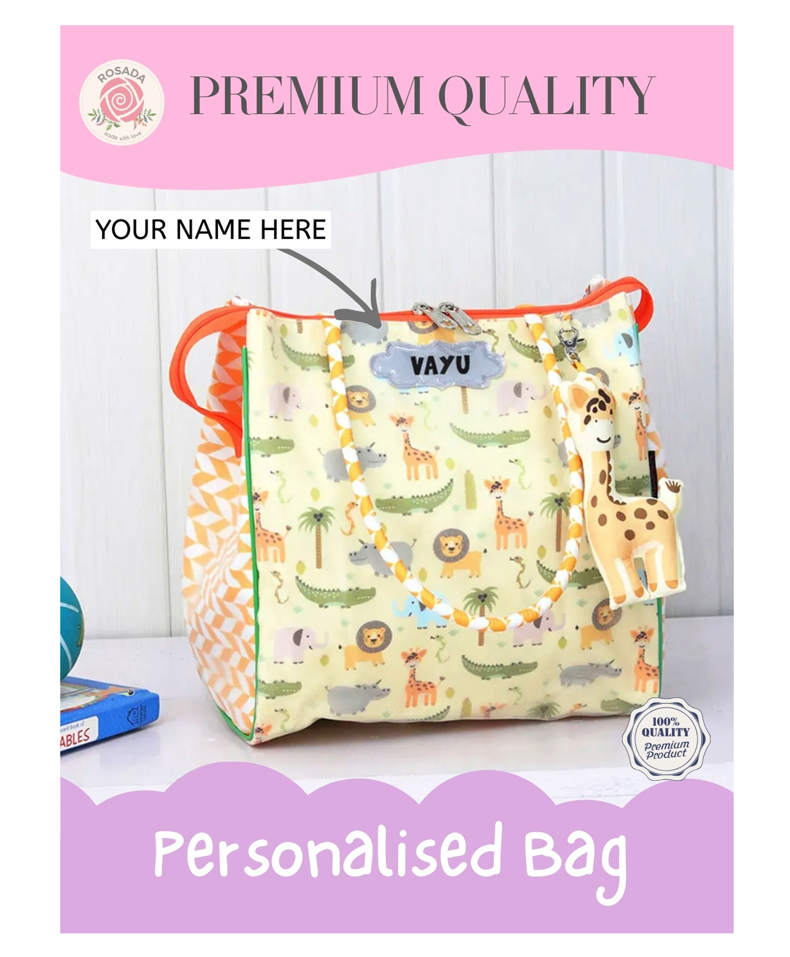 Rosada Animal Multipurpose Tote Hand Sling Bag | Waterproof Stylish Bag for Outing Activity Picnic Travel for Kids Boy Girl Mom and Baby with Toy Hanging -Large (33x33 cm)