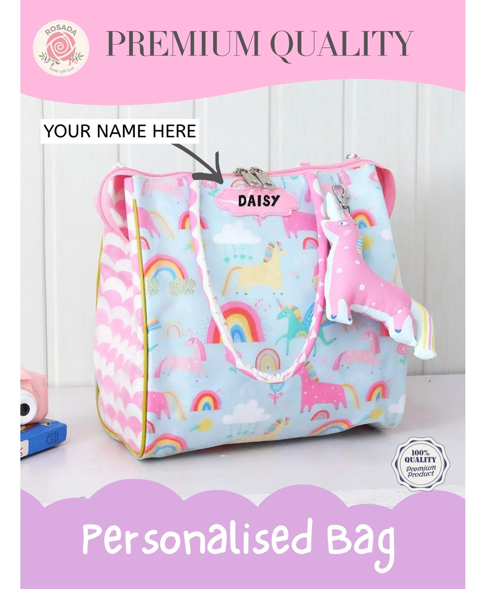 Rosada Blue Unicorn Multipurpose Trendy Tote Hand Sling Bag | Waterproof Stylish Bag for Outing Activity Picnic Travel for Kids Boy Girl Mom and Baby with Toy HangingMedium (28x28 Cm)-picture-12