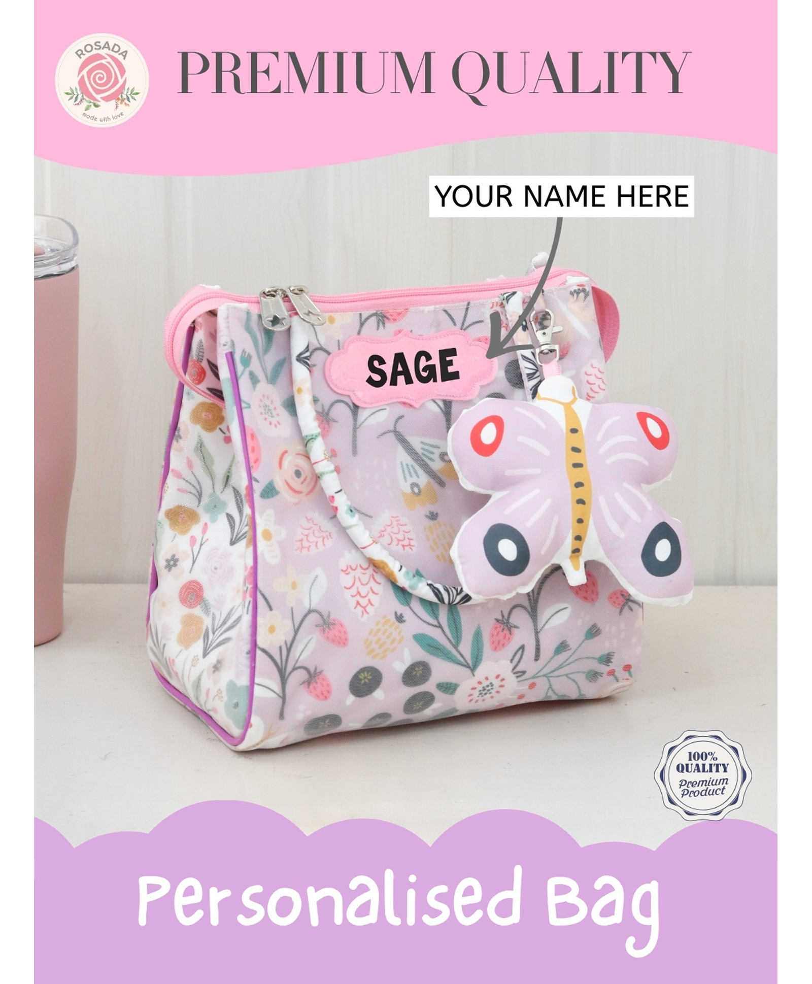 Rosada Lilac Garden Multipurpose Trendy Tote Hand Sling Bag | Lunch Tiffin Bag | Waterproof Stylish Bag for Outing Activity Picnic Travel for Kids Boy Girland Baby with Toy HangingSmall (20x20 Cm)-image-18