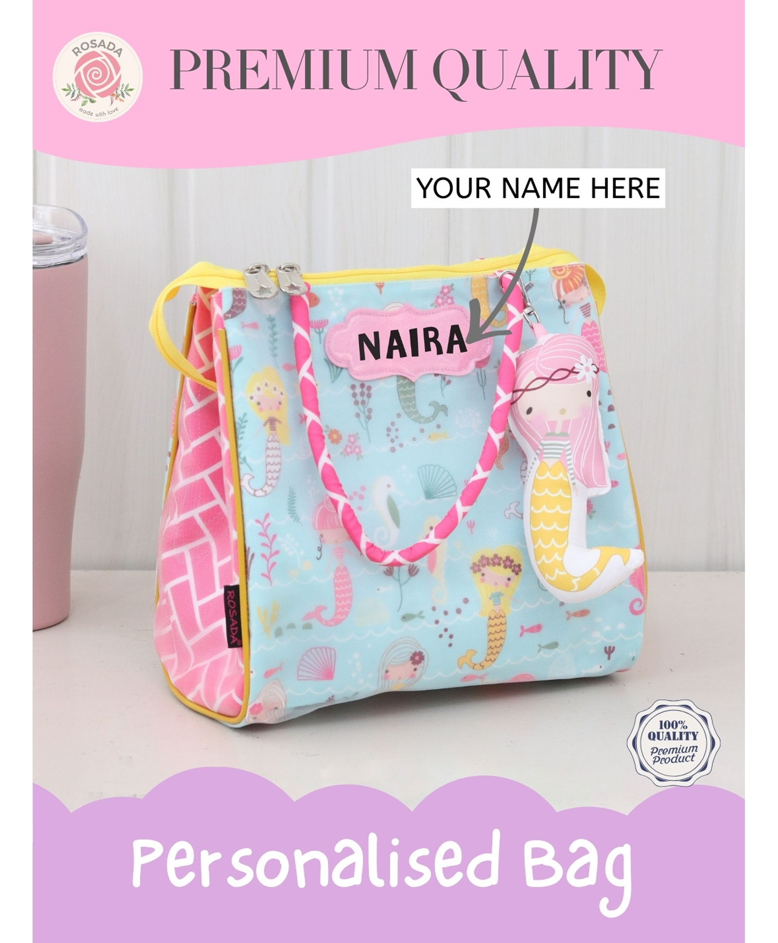 Rosada Mermaid Multipurpose Trendy Tote Hand Sling Bag | Lunch Tiffin Bag | Waterproof Stylish Bag for Outing Activity Picnic Travel for Kids Boy Girl and Baby with Toy HangingSmall (20x20 Cm)-image-10