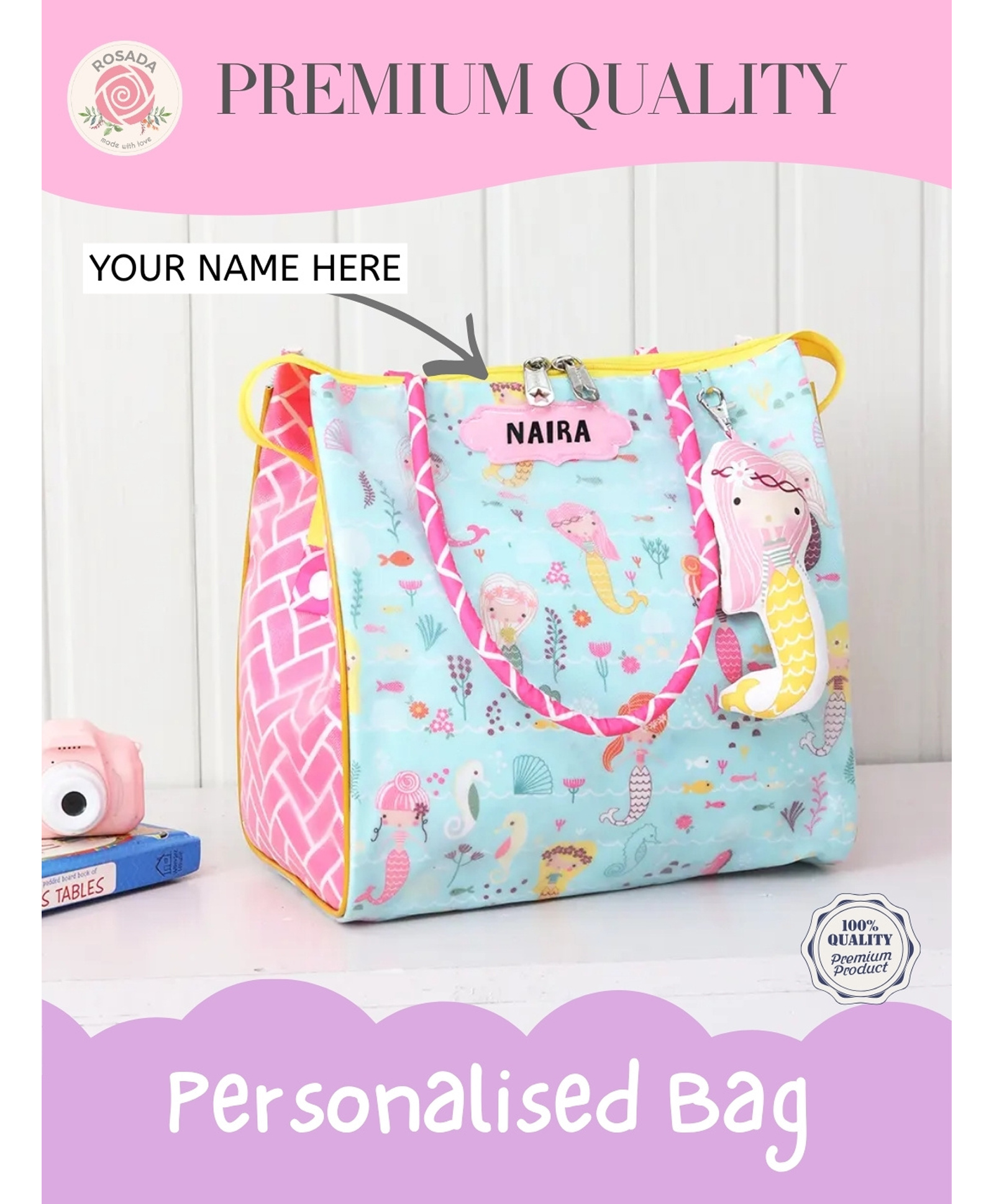 Rosada Mermaid Multipurpose Tote Hand Sling Bag | Waterproof Stylish Bag for Outing Activity Picnic Travel for Kids Boy Girl Mom and Baby with Toy Hanging -Large (33x33 cm)-image-4