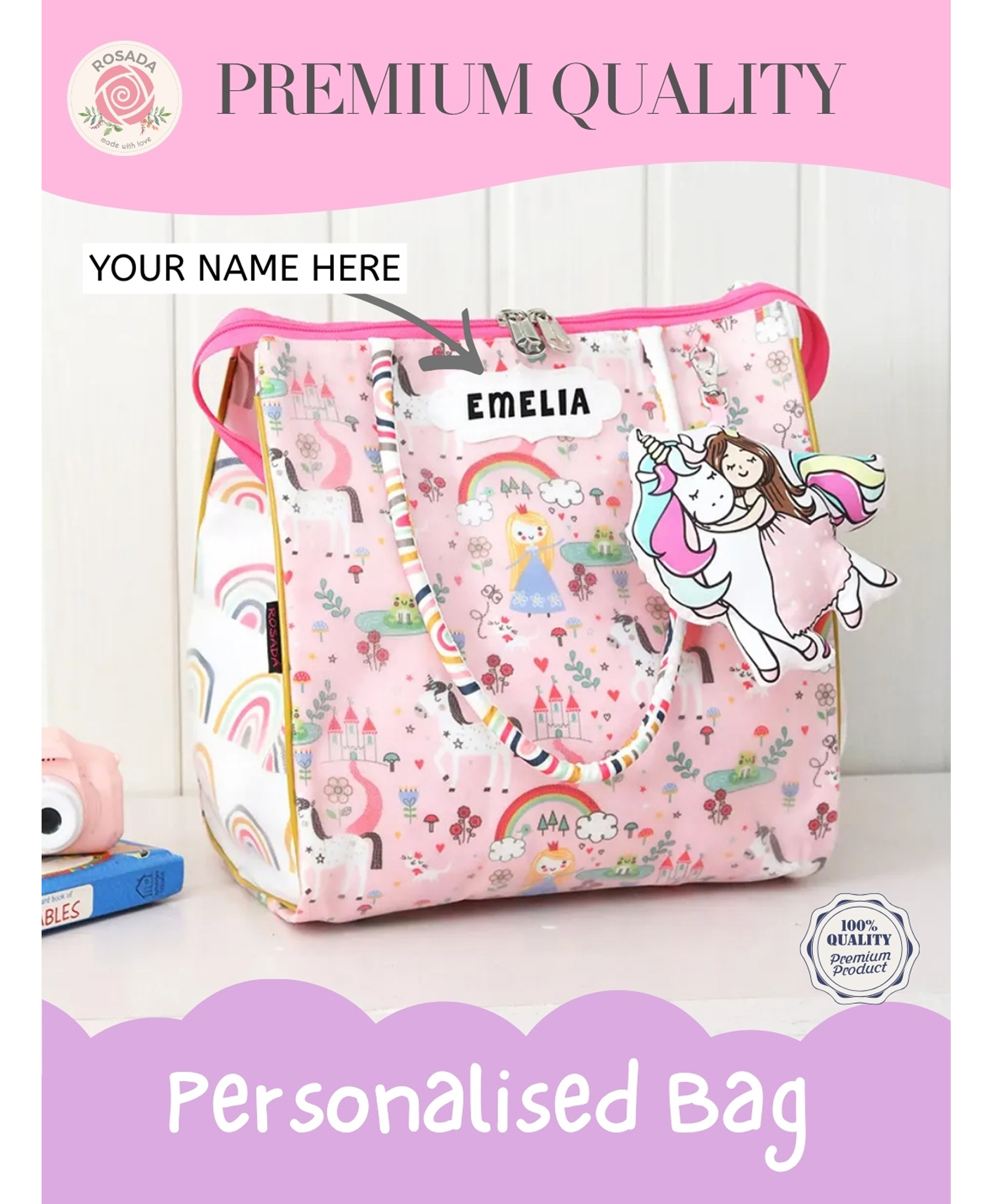 Rosada Princess Multipurpose Tote Hand Sling Bag | Waterproof Stylish Bag for Outing Activity Picnic Travel for Kids Boy Girl Mom and Baby with Toy Hanging - Large (33x33 cm)-image-11