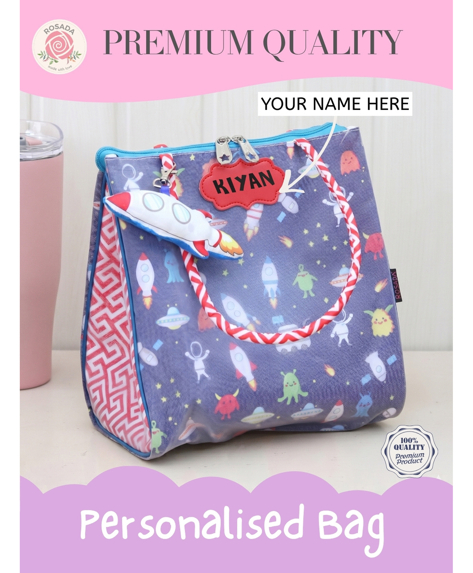 Rosada Space Multipurpose Trendy Tote Hand Sling Bag | Lunch Tiffin Bag | Waterproof Stylish Bag for Outing Activity Picnic Travel for Kids Boy Girland Baby with Toy HangingSmall (20x20 Cm)-image-29