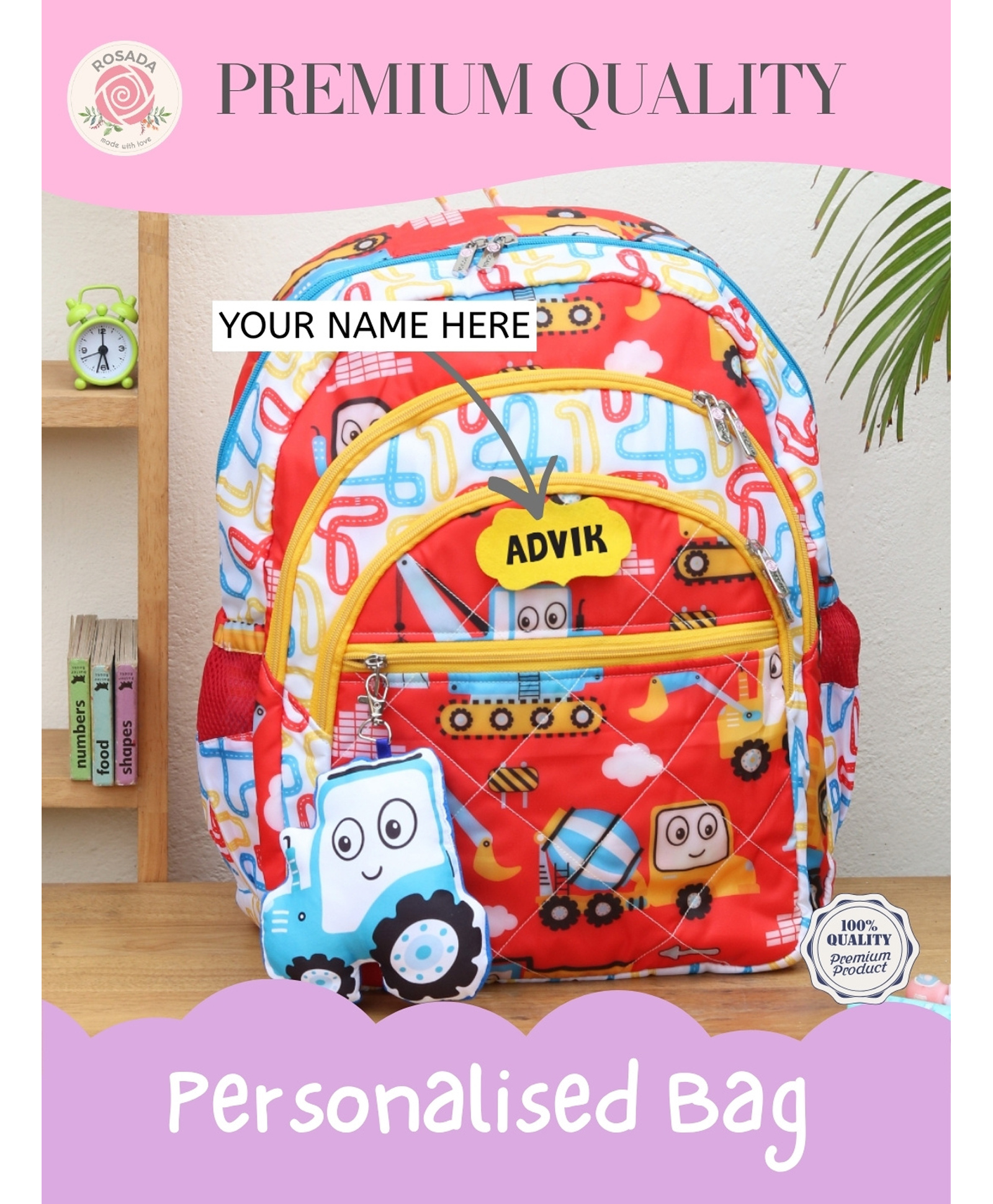 Rosada Red Truck Light Weight Durable School Bag with Comfortable Cushion Padding | Waterproof Trendy and Spacious Kids Backpack | Unisex Stylish Bag for Kids Boys and GirlsMedium (14 Inches)-image-4